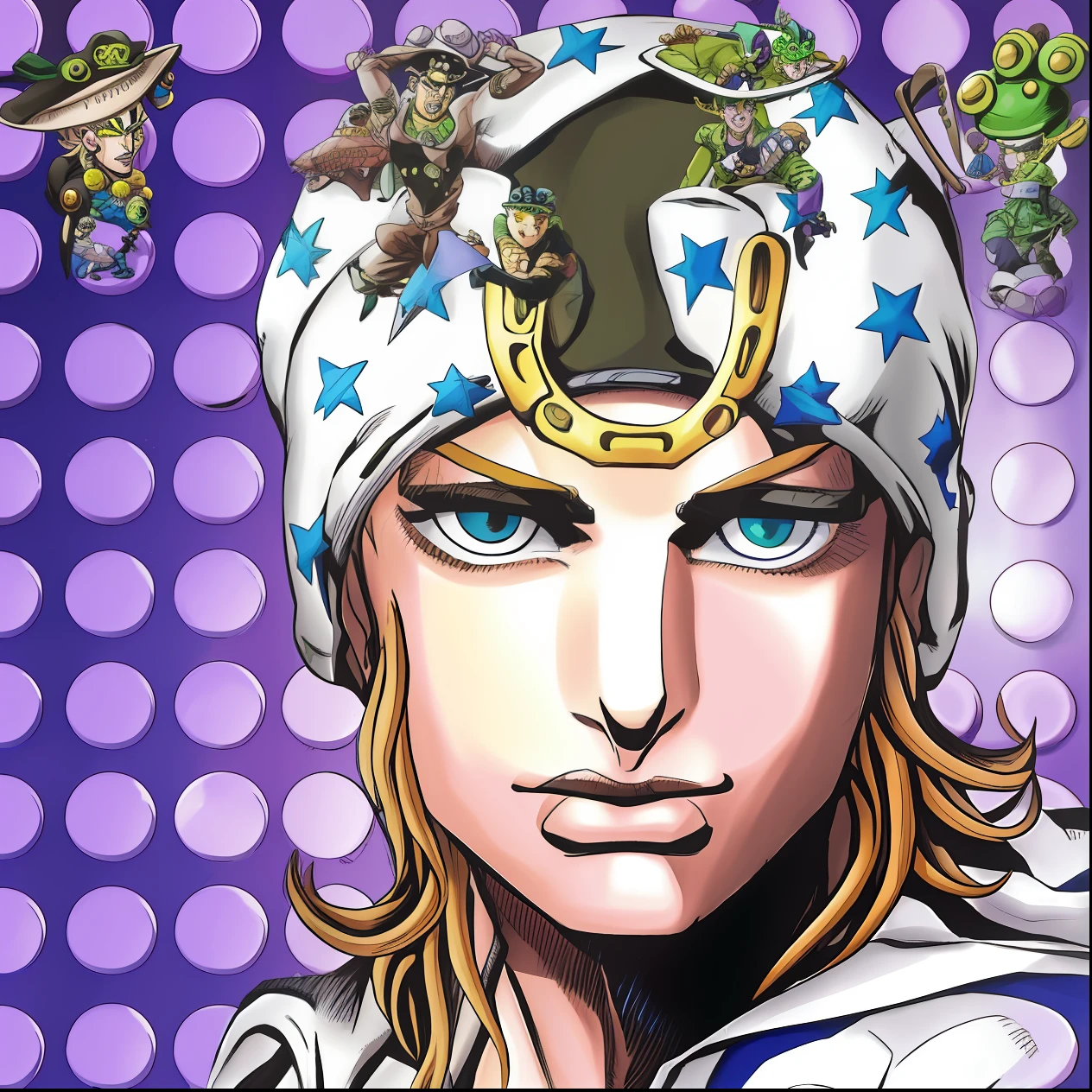 A close-up of a man in a hat,There is a frog on it, gyro zeppeli, in jojo\'s bizarre adventure, Joseph Joestar, Steel ball running, jojo anime style, JOJO\'s bizarre adventure, jojo bizarre adventure, Jojo has a fantastic adventure, dio brando, hirohiko araki artwork, jojo's bizzare adventure, jojo's bizarre adventures