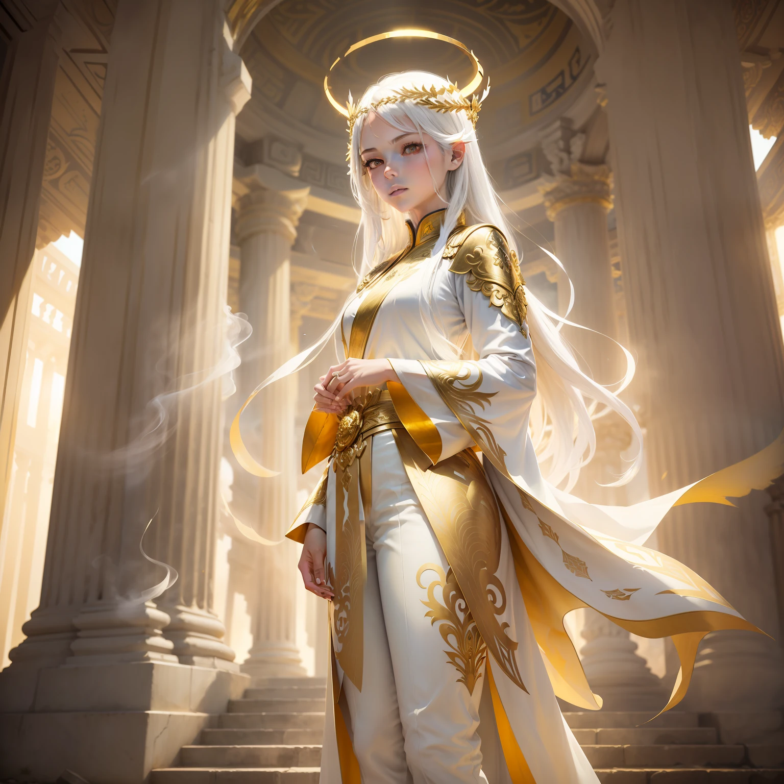 (Best quality, Masterpiece), (1girll, Solo, Gold-patterned robe, White pants, standing , look at front, The aura of the halo, Gold Wing, had his hands folded, White hair, Yellow eyes, Closed mouth, Upper body), (Clear sky, Smoke, Pillar of light, Abandoned temple background)
