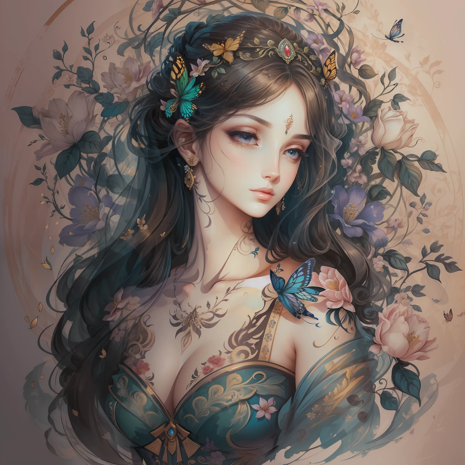 classical aesthetics，Beautiful and meticulous portrayal，High-definition detail，Ancient beauty，The posture is natural，The details stand out，Flowers, vines, butterflys，lovely lips，Revel in the eyes，Flowing, Smooth hair，Beautiful face，Ink painting effect，Natural light