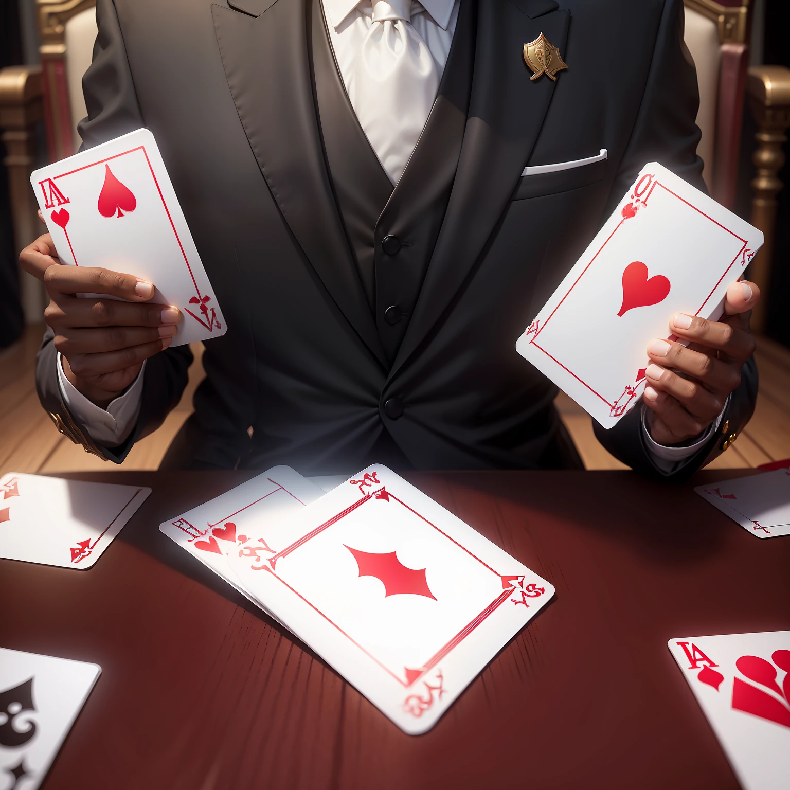 Flyer for instagram announcing card game of a black man with suit all white red tie hat all white with red ribbon fallen on top of one of the eyes cards on the table ace of golds , Wings of cups, ace of spades