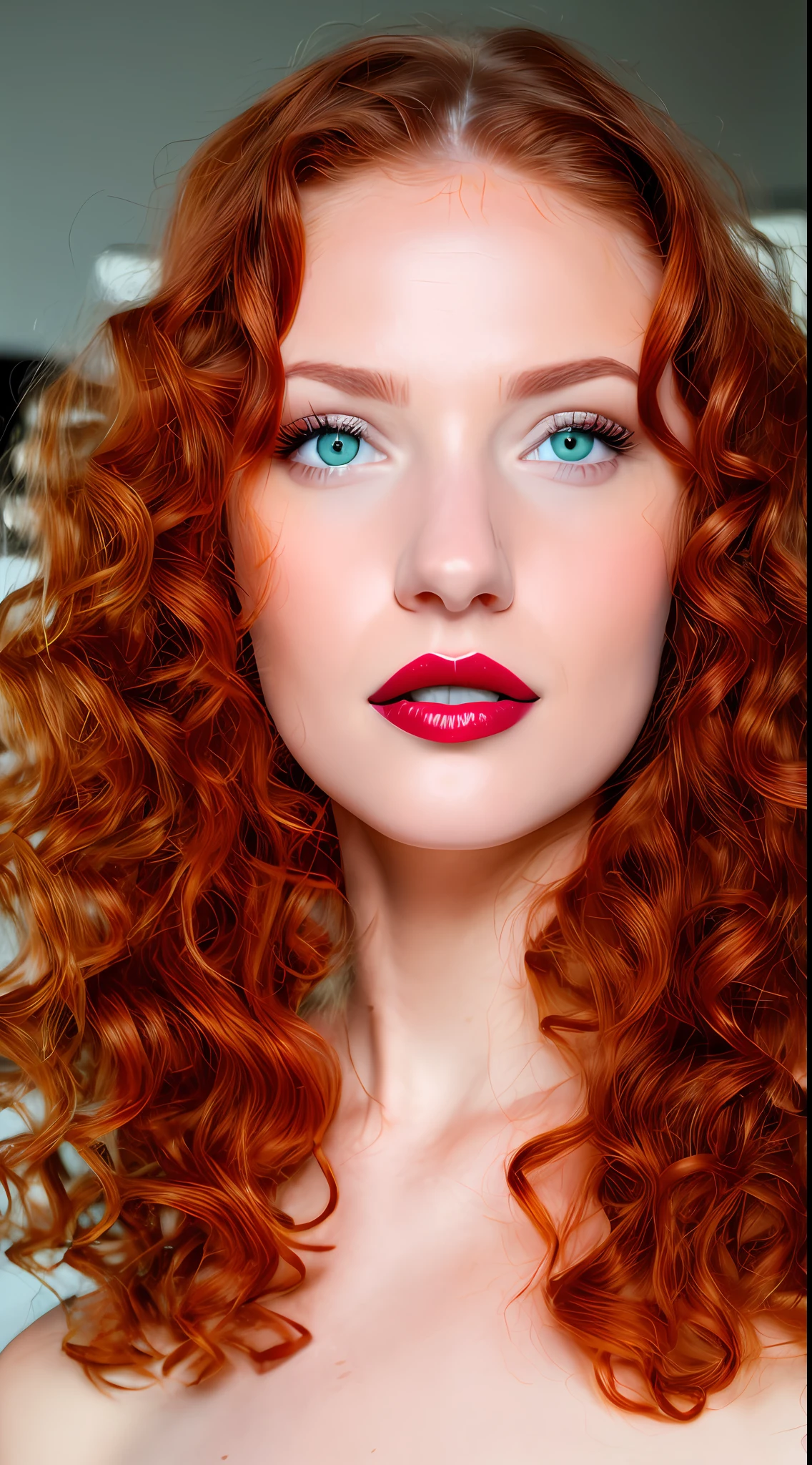 Image 8k ultrarealistic masterpiece white woman 30 years old curly red hair Dutch green eyes ultrarealistic eyelids angelic face cnormal mouth with lipstick that leaves her mouth beautiful with thoughtful countenance but at the same time sexy