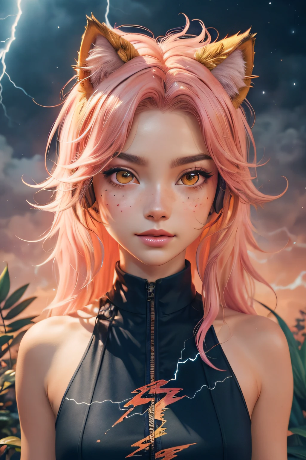 Remove Use these settings(masterpiece:1.1), (highest quality:1.2), (HDR:1.0), extreme quality, cg, (positive space), detailed face+eyes, 1girl, cat ears, animal ear fluff, (plants:1.18), (fractal art), (warm colors), watercolor background, colors merging, paint splatter, harmonious colors, pastel color, (lightning lion), empathetic, magical, limited palette, synthpop, fine art, tanned skin, lower body, (pink and orange:1.2), time travel}}