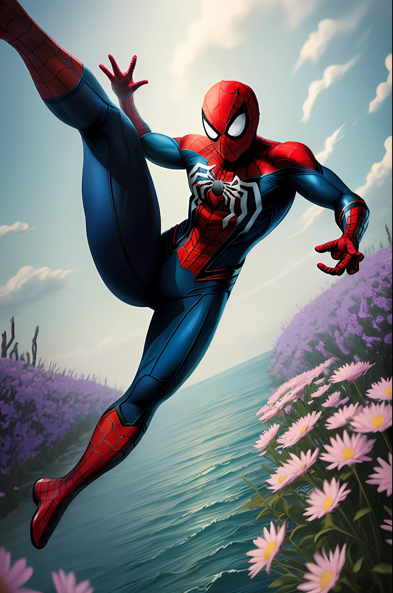 Spider-Man in a sea of flowers