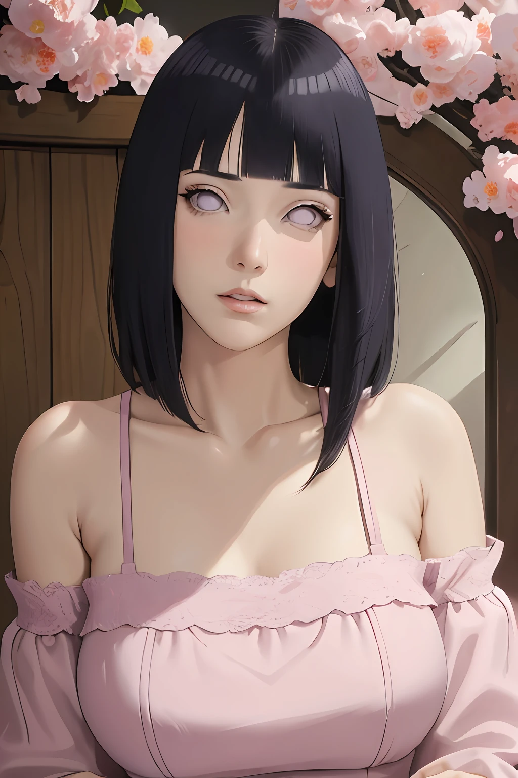 masterpiece, absurdres, hinata\(boruto\), 1girl, solo,mature female, off-shoulder lace shirt, looking at viewer, (falling petals), perfect composition, detailed lips, big breast, beautiful face, body propotion, blush, (pink lips), long hair,  purple eyes,  soft gaze,  super realistic, detailed, photoshoot, realistic face and body, sexual expression, seductive expression,