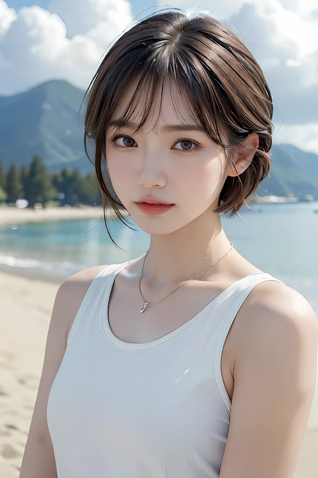 top-quality、​masterpiece、超A high resolution、(realisitic:1.4)、Very wide lens、a closeup、Beautiful beautiful adult woman、Beautiful detail eyes and skin、ssmile、Brown short-cut hair、Petite bust、Small necklace、White sleeveless shirt、Cloudy steppe、Weak sunlight、Sky covered with thick clouds、Overcast sky、