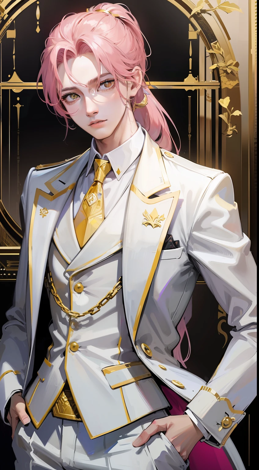 Grown-up guy, pink hair, high ponytail, golden eyes, white suit with gold elements, Masterpiece, hiquality