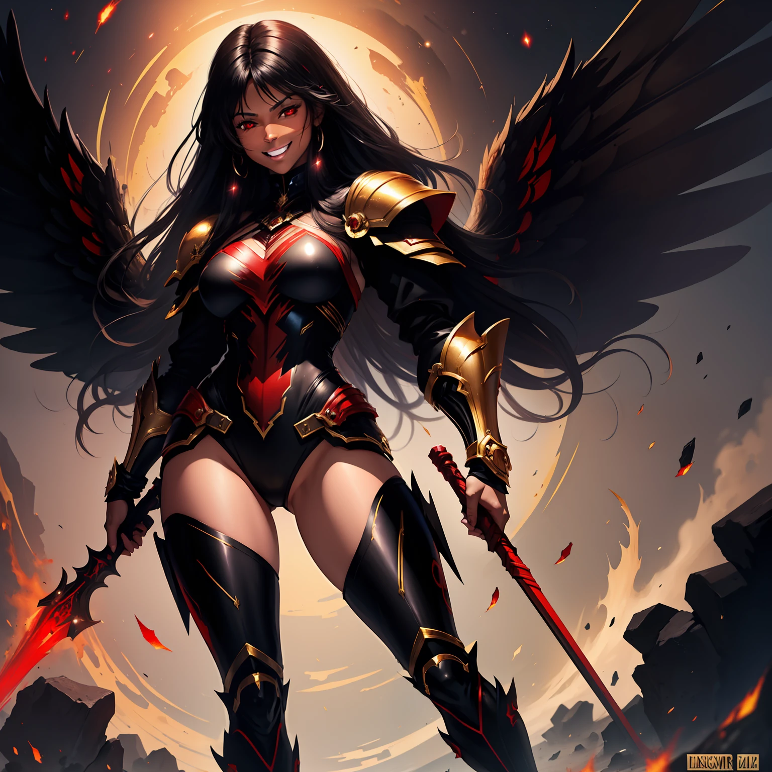 Tall dark-skinned and muscular mature woman with long black hair, red eyes, and armor colored black, red and gold. Black angelic wings, and a grin on her face. Solo, 1girl, masterpiece high quality. Black galactic background. Destroyer of worlds