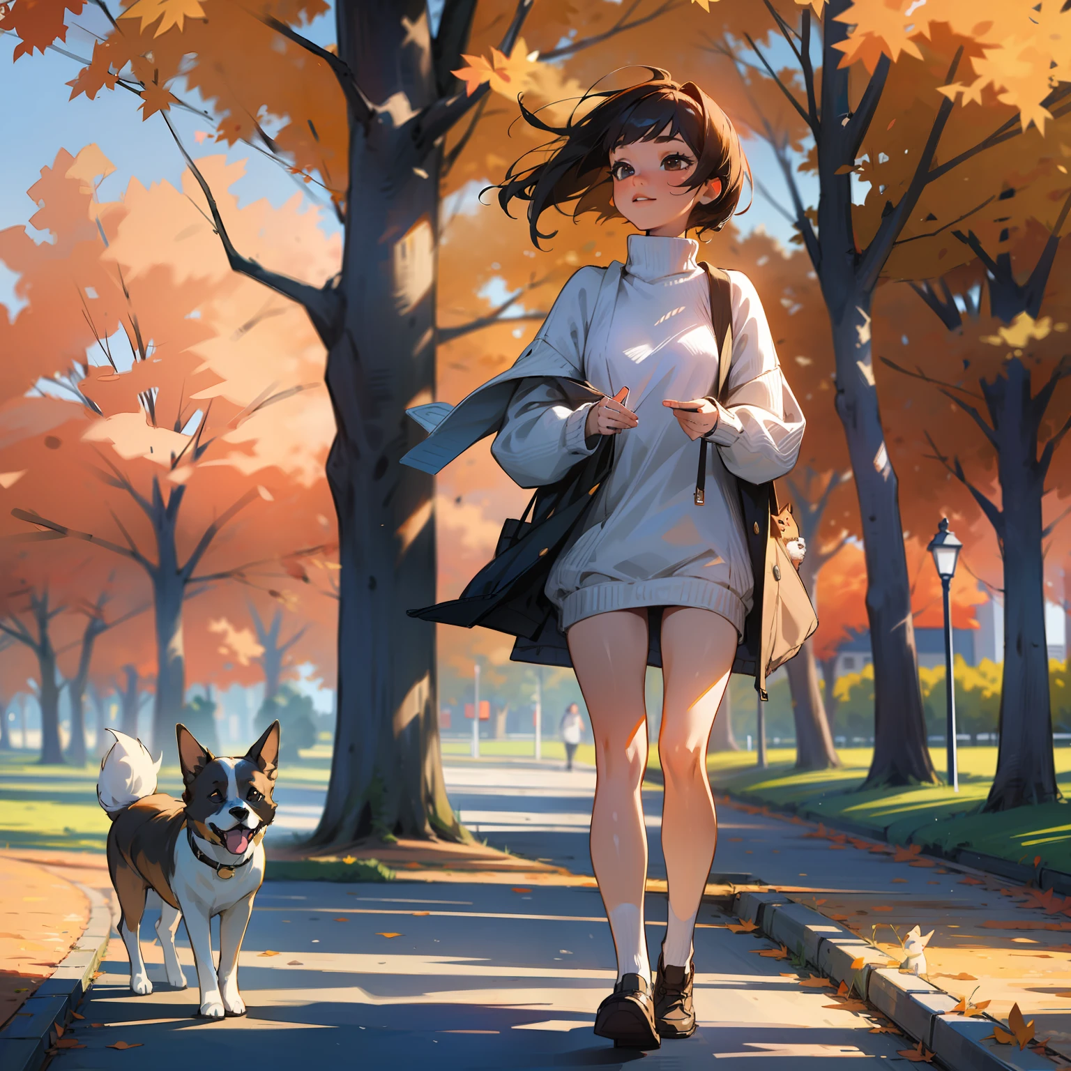 Masterpiece,Best quality,Detailed,Autumn,Outdoors,park,NSFW,1girll,Solo,Sweater dress,Leading a dog