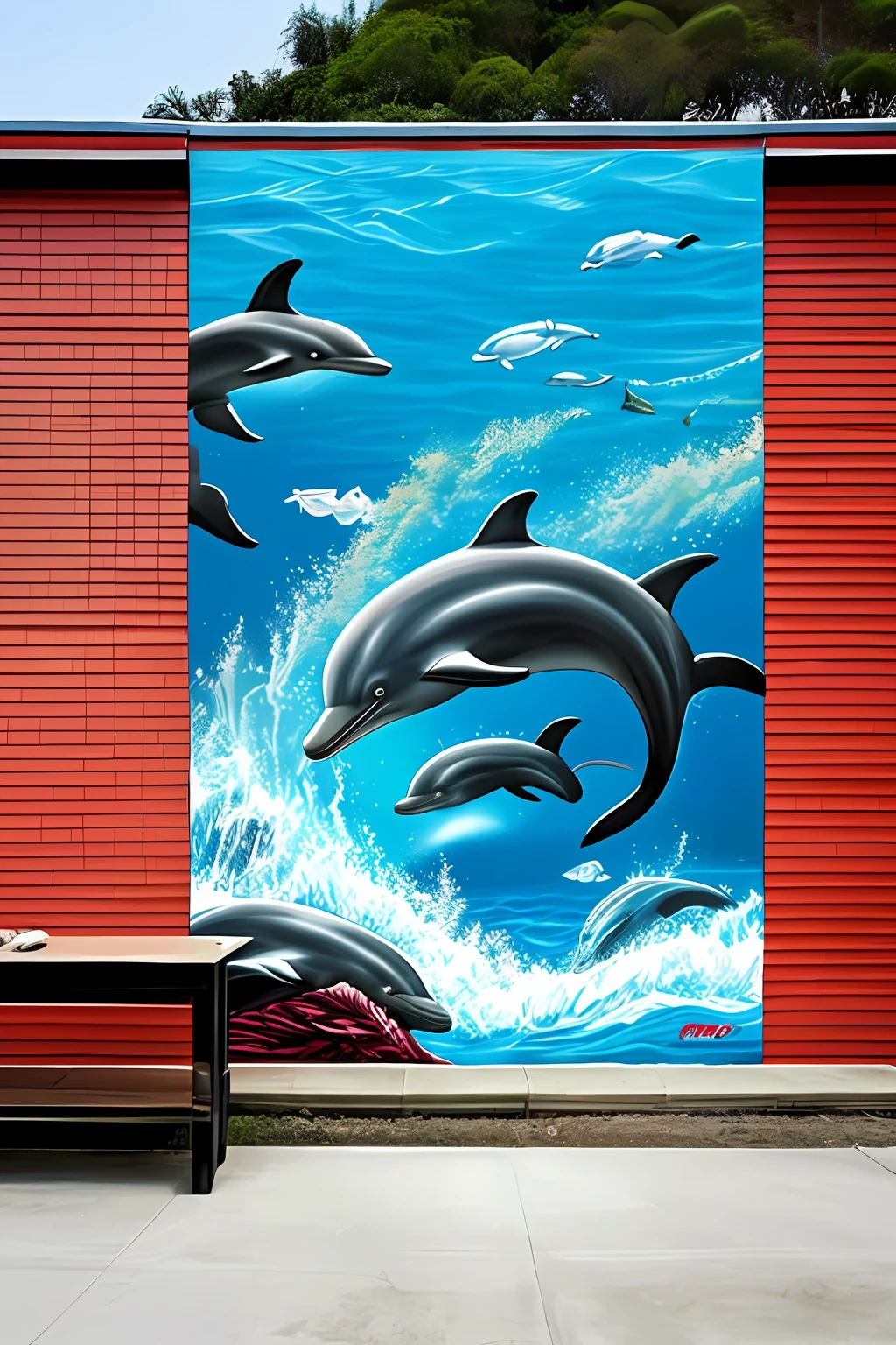 Dolphin-themed mural,The dimensions are 70 meters long,Height 10 meters,Large hand-painted net red wall。Add a few more sea lions to the picture