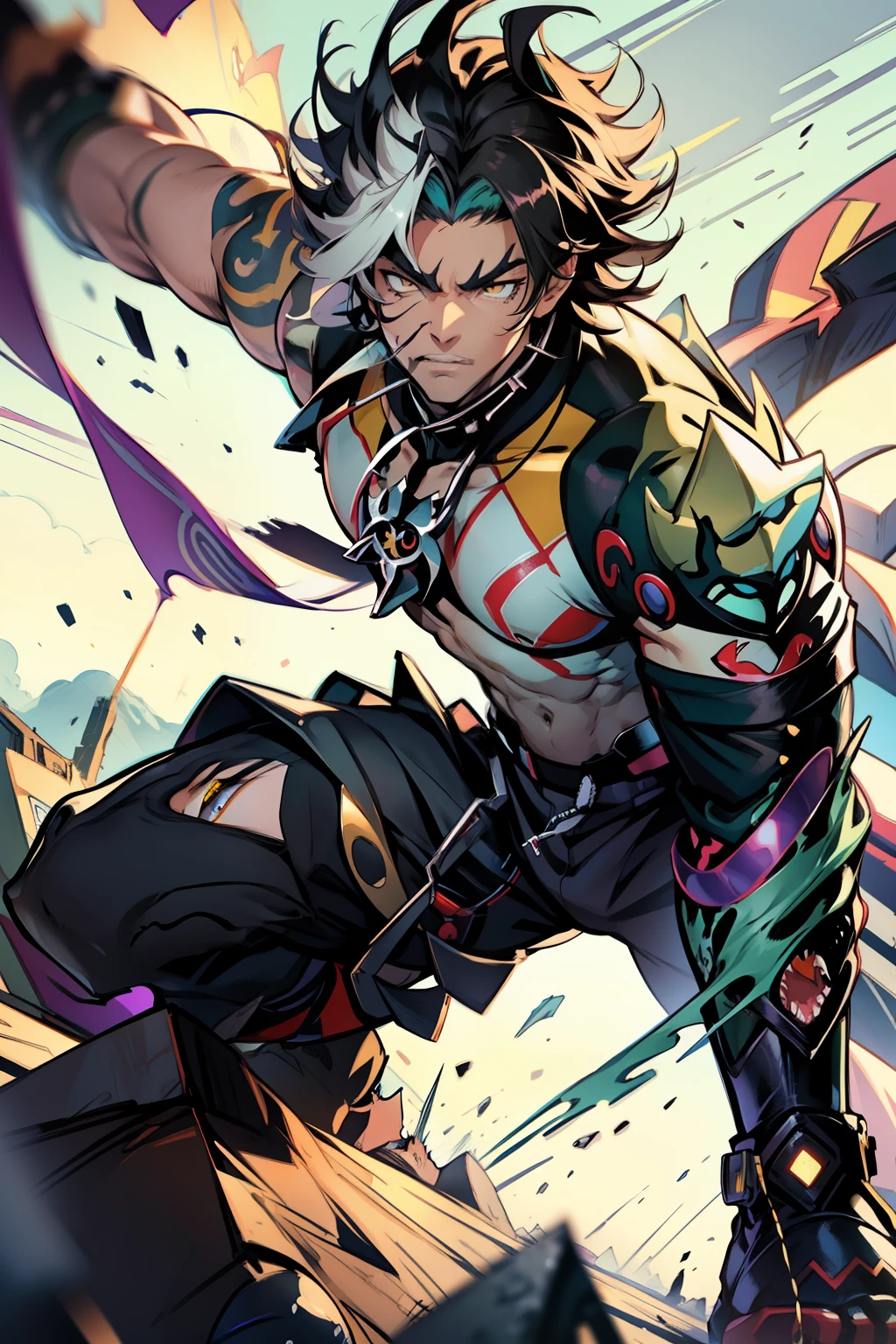 《the original god》Arataki Kazuto , male people,,((Masterpiece)), ((Best quality)), Ultra detailed,((illustration)), Dynamic Angle, Detailed light, (Delicate eyes), Floating, 1boy, Male focus, Head, Clothing, Yellow eyes, necklace, tattoo, (Forehead:0.8), (ahoge:0.8), jewelry, apathy,Ray, chest muscle, Sexy , Venom symbiote for your body, Black mucus of the body , (into venom), Venom,frontage,style of anime4 K, 4K anime wallpaper, Badass anime 8 K, 4 k comic wallpaper, young anime man, Anime boys, Anime wallpapers 4 k, Anime wallpaper 4K, High quality anime art style, Anime moe art style, Anime art wallpaper 8 K, Anime art wallpaper 4 K, RGB lighting