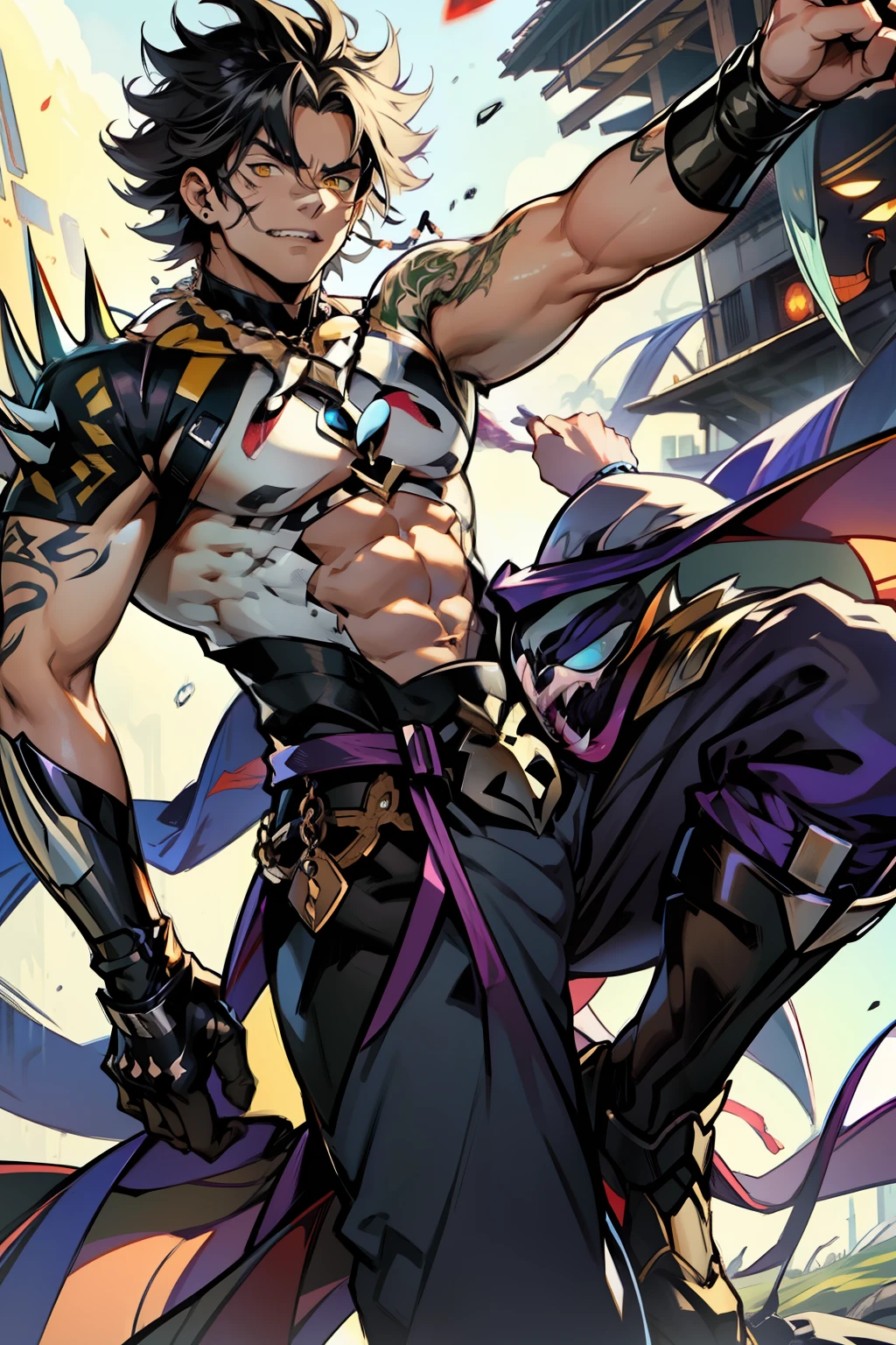 《the original god》Arataki Kazuto , male people,,((Masterpiece)), ((Best quality)), Ultra detailed,((illustration)), Dynamic Angle, Detailed light, (Delicate eyes), Floating, 1boy, Male focus, Head, Clothing, Yellow eyes, necklace, tattoo, (Forehead:0.8), (ahoge:0.8), jewelry, apathy,Ray, chest muscle, Sexy , Venom symbiote for your body, Black mucus of the body , (into venom), Venom,frontage,style of anime4 K, 4K anime wallpaper, Badass anime 8 K, 4 k comic wallpaper, young anime man, Anime boys, Anime wallpapers 4 k, Anime wallpaper 4K, High quality anime art style, Anime moe art style, Anime art wallpaper 8 K, Anime art wallpaper 4 K, RGB lighting