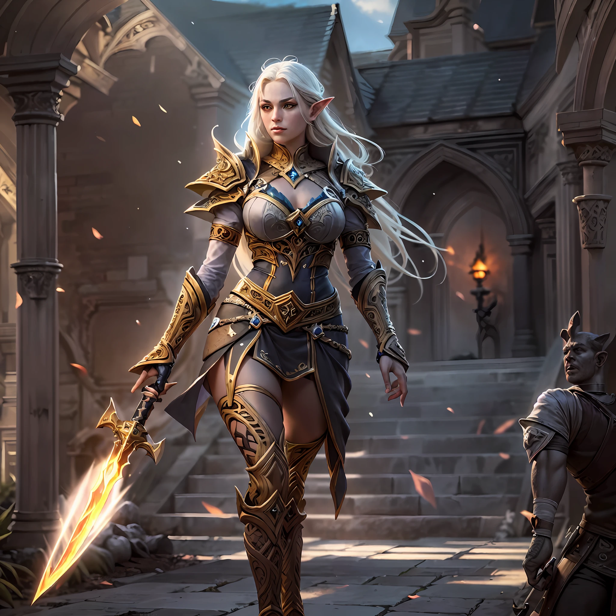 high details, best quality, 8k, [ultra detailed], masterpiece, best quality, (extremely detailed), dynamic angle, ultra wide shot, RAW, photorealistic, fantasy art, dnd art, rpg art, realistic art, a wide angle picture of an epic female elf, arcane warrior, warrior of magic, fighter of the arcana, full body, [[anatomically correct]] full body (1.5 intricate details, Masterpiece, best quality) casting a spell (1.5 intricate details, Masterpiece, best quality), casting an epic spell, [colorful magical sigils in the air],[ colorful arcane markings floating] (1.6 intricate details, Masterpiece, best quality) holding an [epic magical sword] (1.5 intricate details, Masterpiece, best quality) holding epic [magical sword glowing in red light] (1.5 intricate details, Masterpiece, best quality). in fantasy urban street (1.5 intricate details, Masterpiece, best quality), a female beautiful epic elf wearing elven leather armor (1.4 intricate details, Masterpiece, best quality), high heeled leather boots, ultra detailed face,  thick hair, long hair, dynamic hair, fair skin intense eyes, fantasy city background (intense details), sun light, backlight, depth of field (1.4 intricate details, Masterpiece, best quality), dynamic angle, (1.4 intricate details, Masterpiece, best quality) 3D rendering, high details, best quality, highres, ultra wide angle