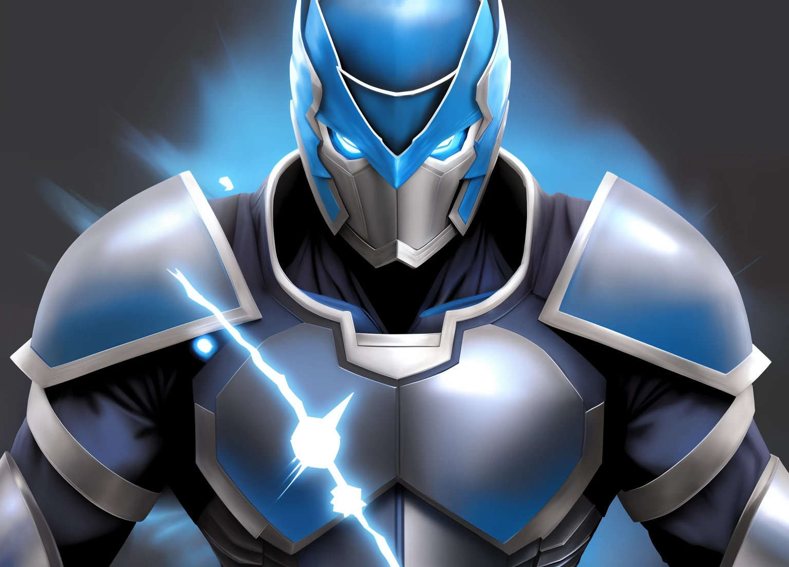 tokusatsu hero, Blue armor with AT symbol together, cor azul e branco.