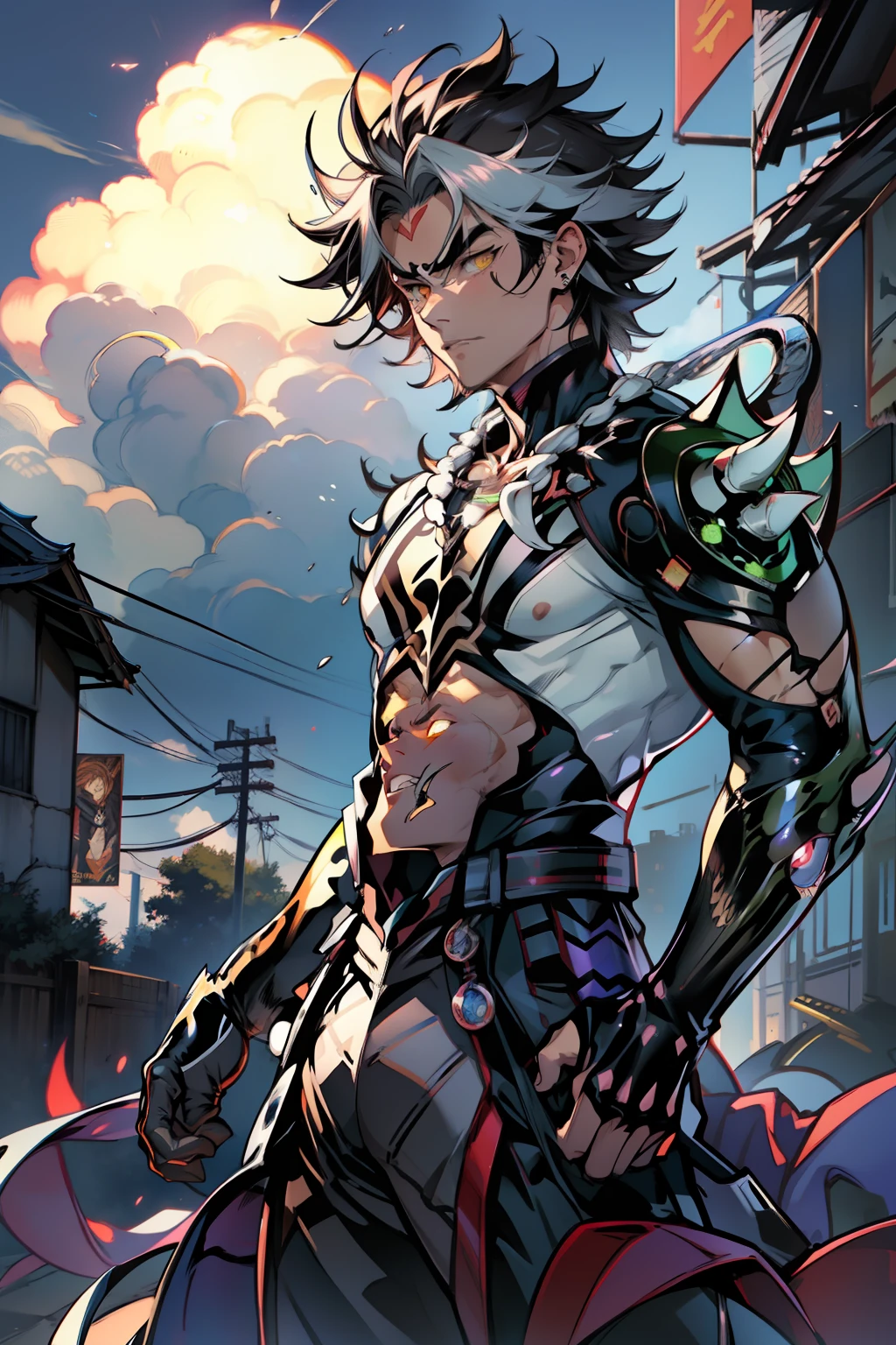 《the original god》Arataki Kazuto , male people，，((Masterpiece)), ((Best quality)), Ultra detailed,((illustration)), Dynamic Angle, Detailed light, (Delicate eyes), Floating, 1boy, Male focus, Head, Clothing, Yellow eyes, necklace, tattoo, (Forehead:0.8), (ahoge:0.8), jewelry, apathy，Ray， chest muscle， Sexy , Venom symbiote for your body, Black mucus of the body , （into venom）, Venom，frontage，style of anime4 K， 4K anime wallpaper， Badass anime 8 K， 4 k comic wallpaper， young anime man， Anime boys， Anime wallpapers 4 k， Anime wallpaper 4K， High quality anime art style， Anime moe art style， Anime art wallpaper 8 K， Anime art wallpaper 4 K， RGB lighting