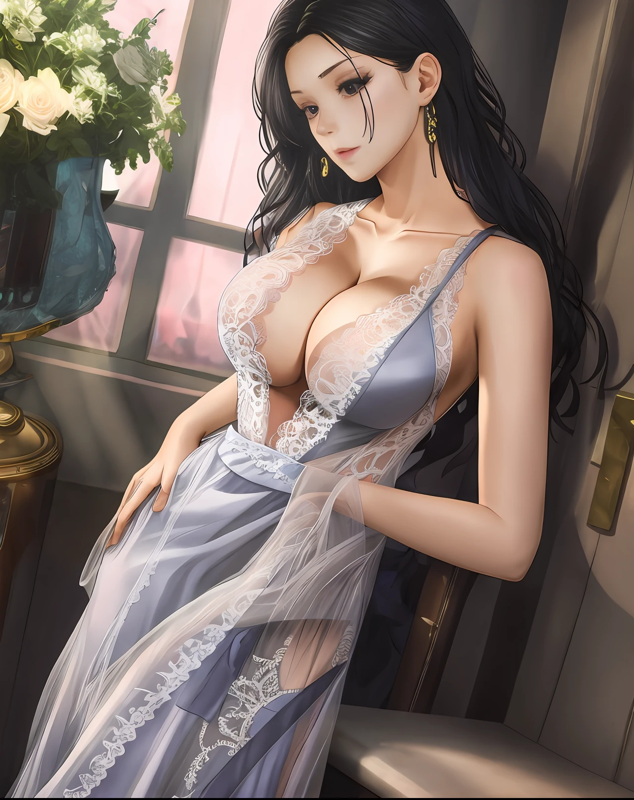 90%Transparent lace garment,Raised sexy,big breasts exposed cleavage,enchanting