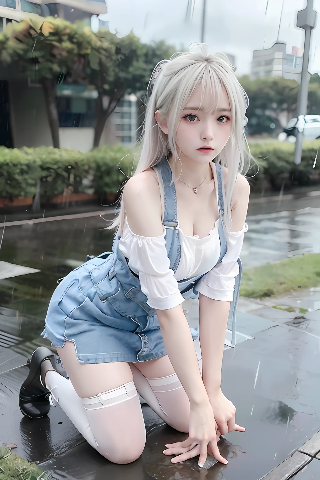 1个Giant Breast Girl,style of anime,kneel,Hiccups,Feeling cold,trembling all over,Clear suspenders,Leg straps,Short white dress,(long white hair),blue color eyes,Rain-soaked tops,rainy days,Heartache expression,standing on your feet