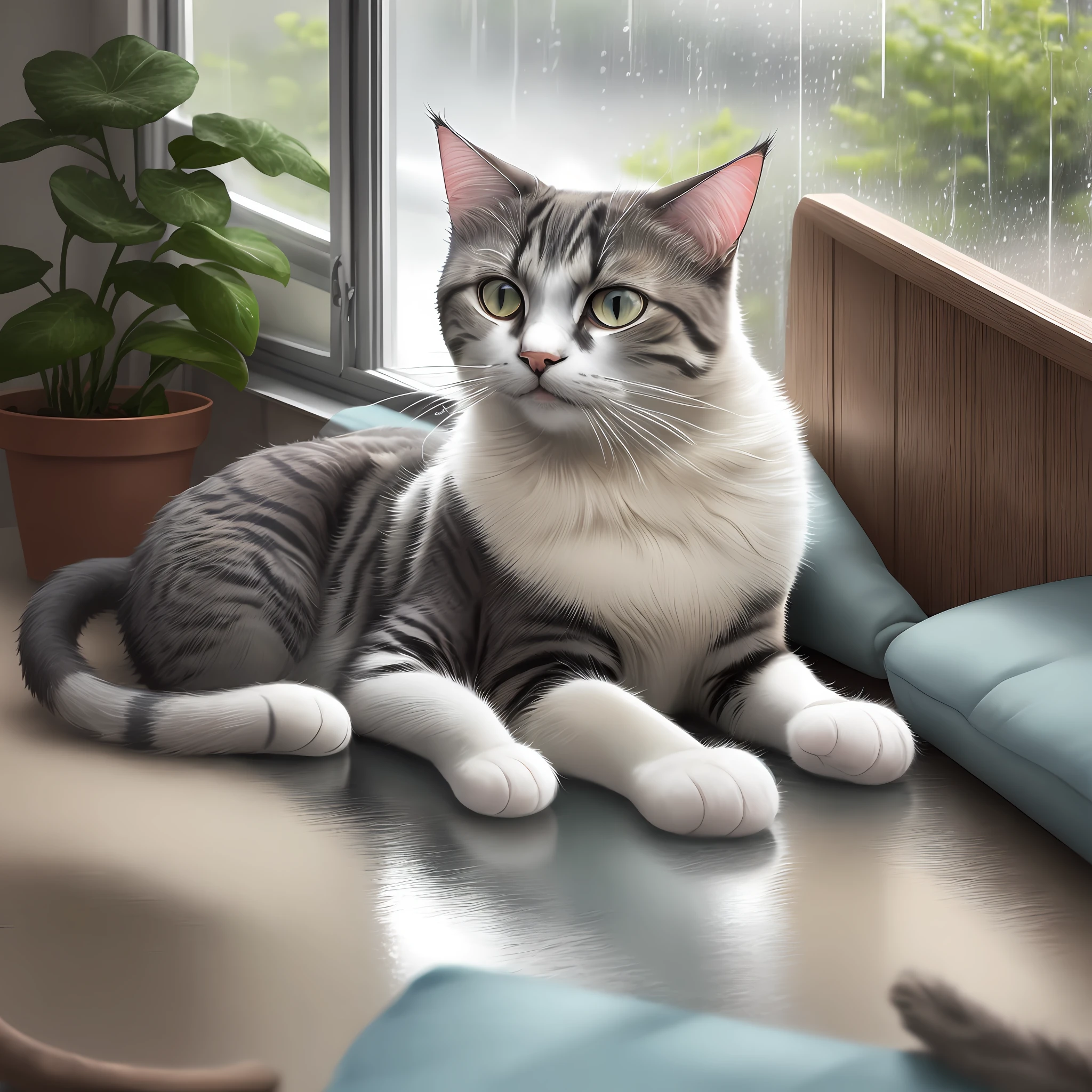 Silver Point Cat lying on the window on a rainy day