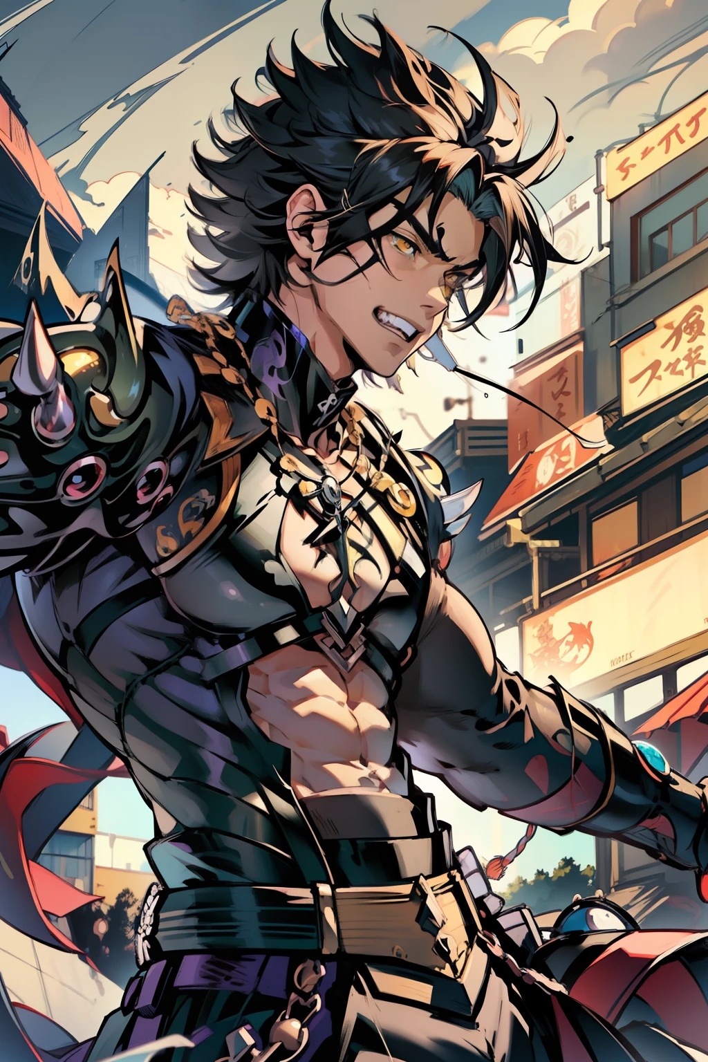 《the original god》Arataki Kazuto , male people,,((Masterpiece)), ((Best quality)), Ultra detailed,((illustration)), Dynamic Angle, Detailed light, (Delicate eyes), Floating, 1boy, Male focus, Head, Clothing, Yellow eyes, necklace, tattoo, (Forehead:0.8), (ahoge:0.8), jewelry, apathy,Ray, chest muscle, Sexy , Venom symbiote for your body, Black mucus of the body , (into venom), Venom,frontage,style of anime4 K, 4K anime wallpaper, Badass anime 8 K, 4 k comic wallpaper, young anime man, Anime boys, Anime wallpapers 4 k, Anime wallpaper 4K, High quality anime art style, Anime moe art style, Anime art wallpaper 8 K, Anime art wallpaper 4 K, RGB lighting