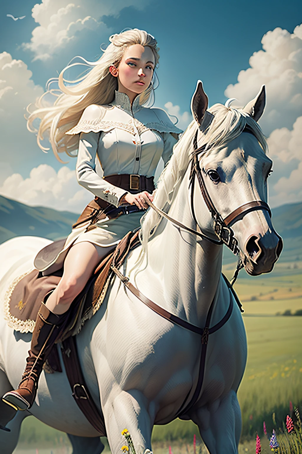 Maiden rides a white horse，Grasslands overgrown with wildflowers，Close-up，OilPaintStyle