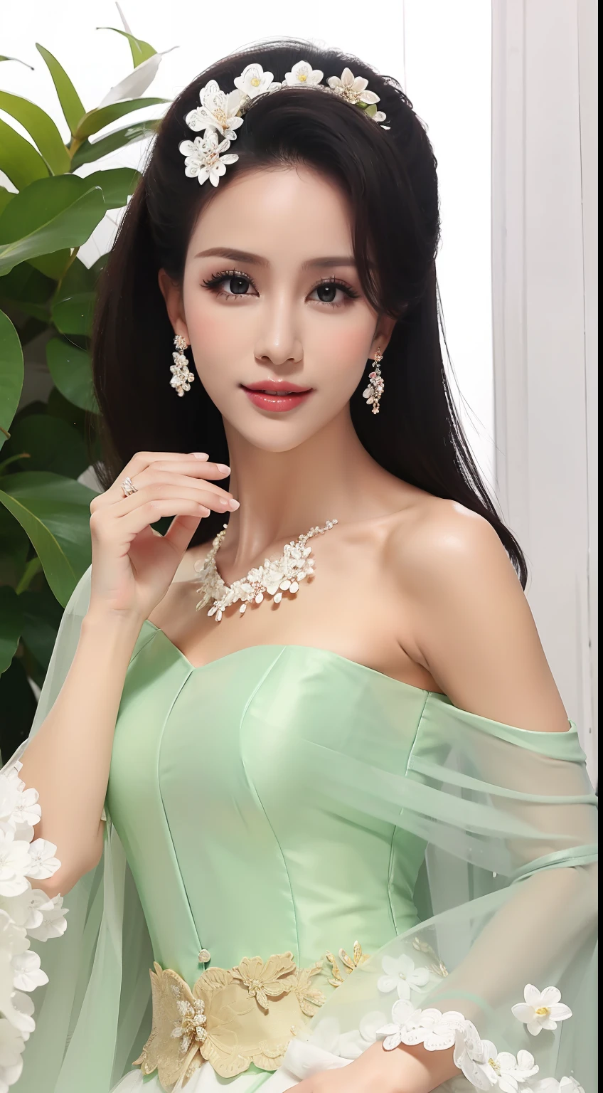 Fashion model 20 years old [[[[closeup cleavage]]]], [[[[boobgasm]]]], [[[[coll]]]], [[[[bshoulders]]]], perfect  eyes, Perfect iris，Perfect lips，perfect teeth，Perfect skin，with fair skin，Long face，slender nose，Soft front light，hdr，Movie girl，no headwear，long whitr hair，Long hair with a shawl，Casual，The background is outdoors，Flowers and greenery，（pastel colour：1.2）