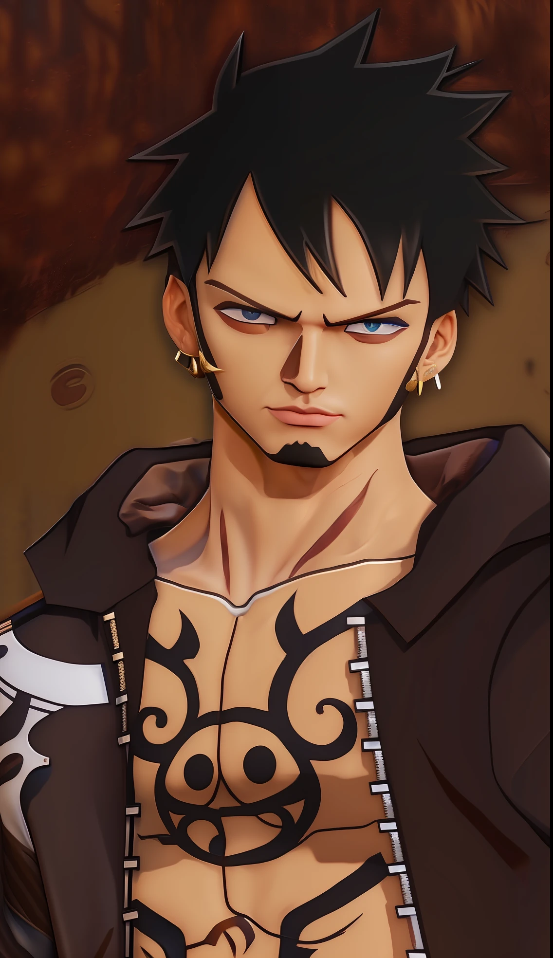 One men, super realistic, 4k, detail face, detail body, tattoo on chest, brown jacket, black haired, golden earing