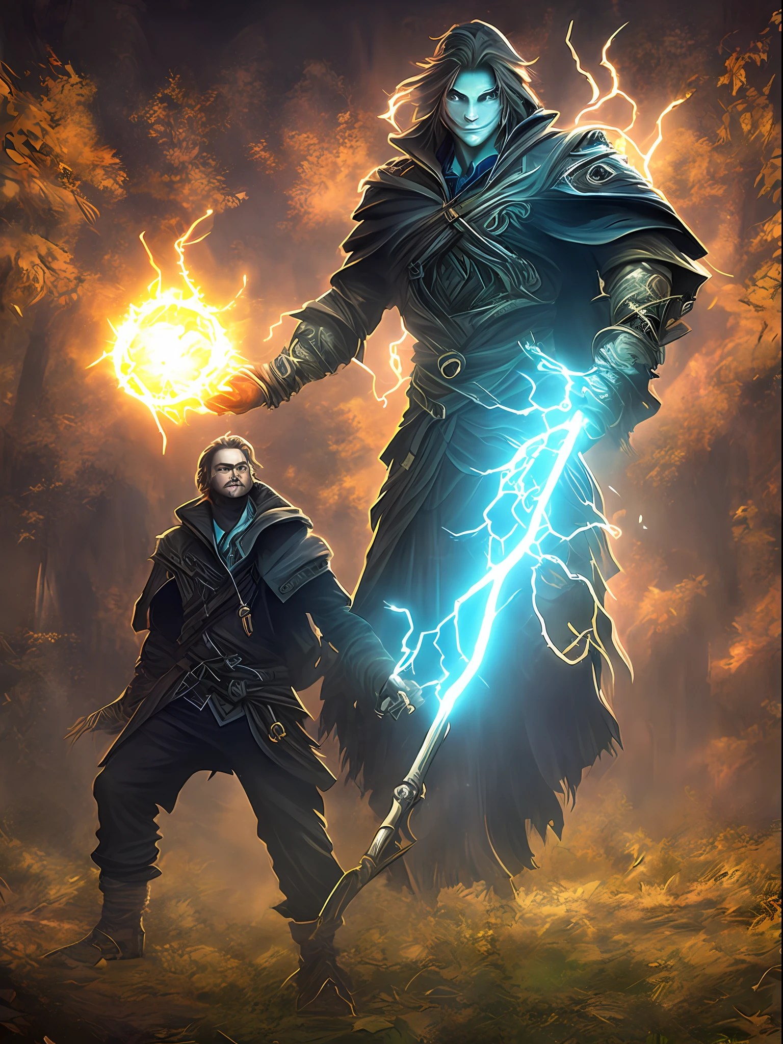 Young man, two-dimensional, possesses spirit beasts, supernatural abilities, holds a spear, and his eyes emit a blue-gold light