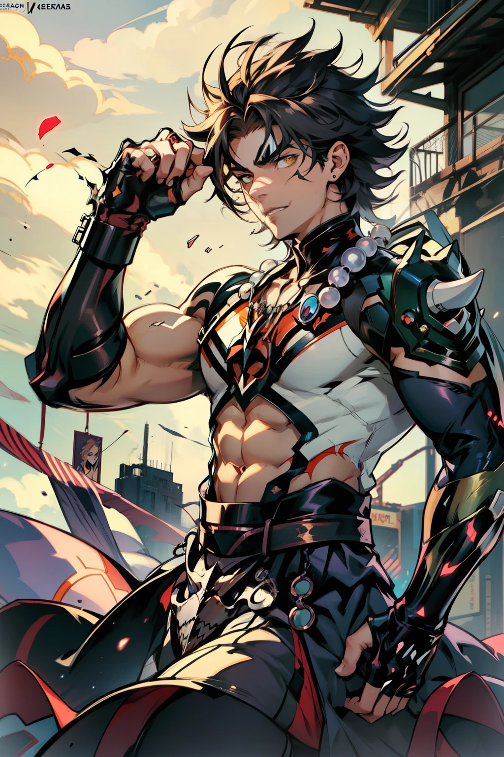 《the original god》Arataki Kazuto , male people,,((Masterpiece)), ((Best quality)), Ultra detailed,((illustration)), Dynamic Angle, Detailed light, (Delicate eyes), Floating, 1boy, Male focus, Head, Clothing, Yellow eyes, necklace, tattoo, (Forehead:0.8), (ahoge:0.8), jewelry, apathy,Ray, chest muscle, Sexy , Venom symbiote for your body, Black mucus of the body , (into venom), Venom,frontage,style of anime4 K, 4K anime wallpaper, Badass anime 8 K, 4 k comic wallpaper, young anime man, Anime boys, Anime wallpapers 4 k, Anime wallpaper 4K, High quality anime art style, Anime moe art style, Anime art wallpaper 8 K, Anime art wallpaper 4 K, RGB lighting