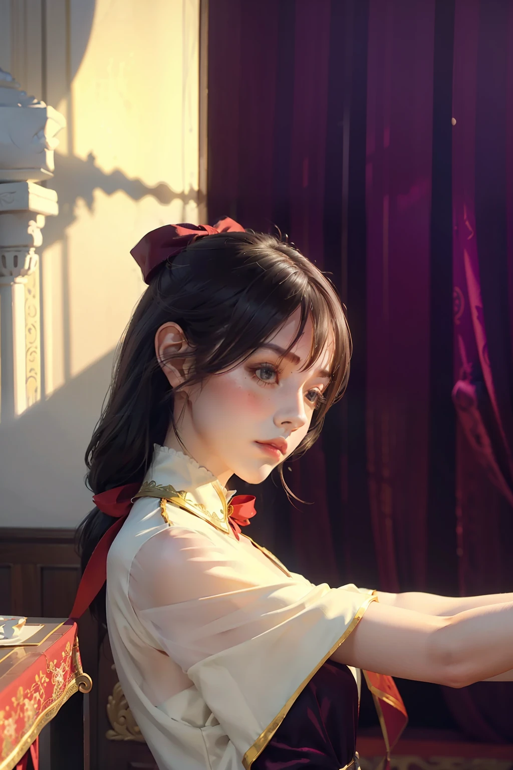 1girl, dynamic angle,gentleness,Beautuful Women,Temple-level light and shadow,a sense of atmosphere,rendering by octane, CEL shadows, velvet, ribbons, offcial art, Unity 8k壁紙, ultra - detailed, aesthetics, tmasterpiece, best qualtiy, Photorealistic