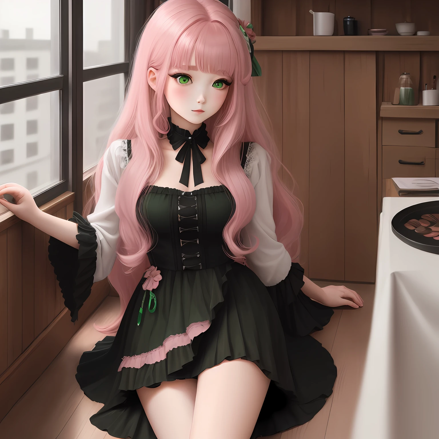 Pink-haired girl，long whitr hair，Red Eyeshadow，green pupills
