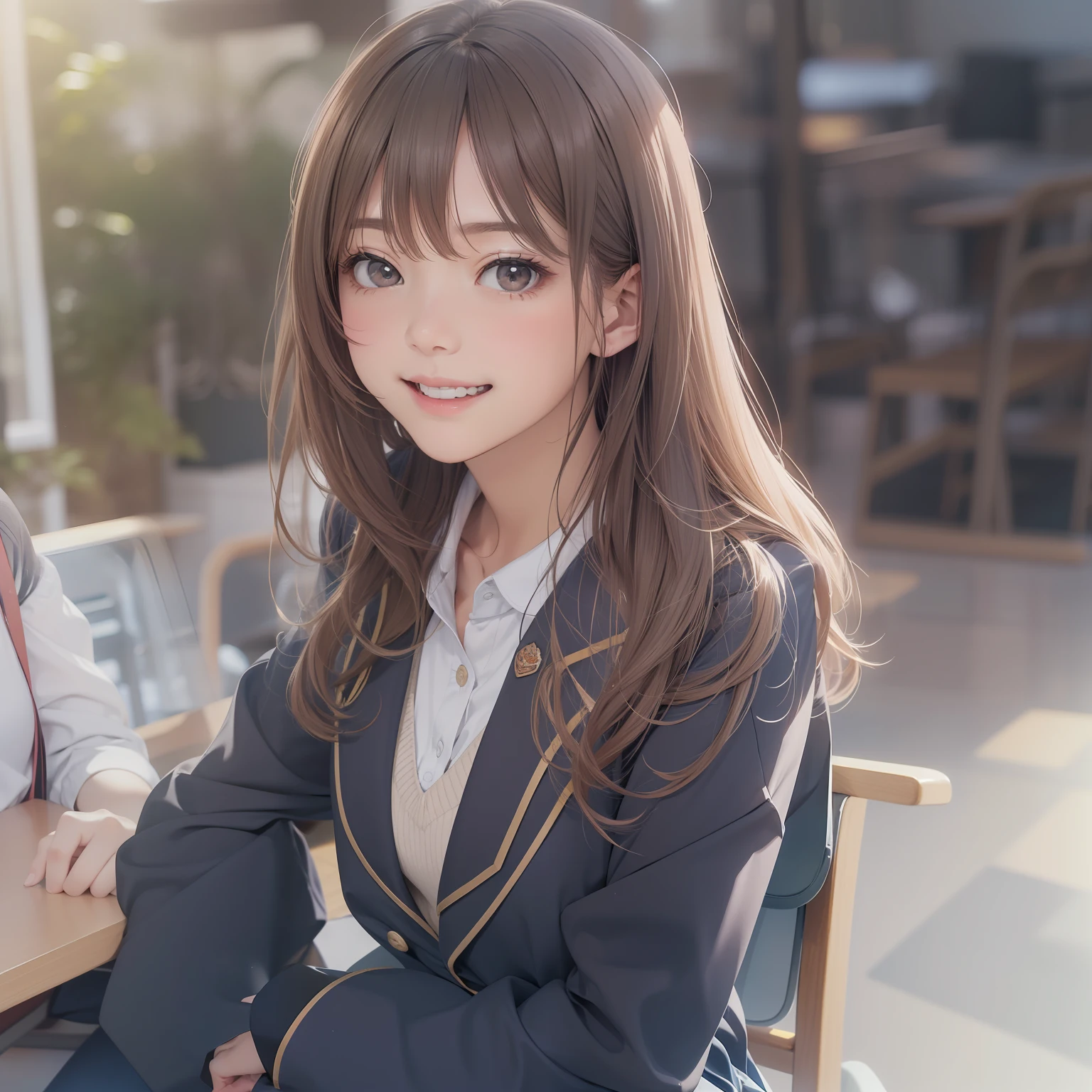 top-quality、facefocus、softlight、(depth of fields)、超A high resolution、(Photorealsitic:1.4)、RAW Photography、(upper waist:1.4)、
1日本人の女の子, 独奏, kawaii, (full of shyness, a smile:1.1), (brown-eyed), Description Beautiful face, (straight hair),
High School Classroom、(sit a chair)、
(校服:1.4、Navy skirt、Navy Blazer)