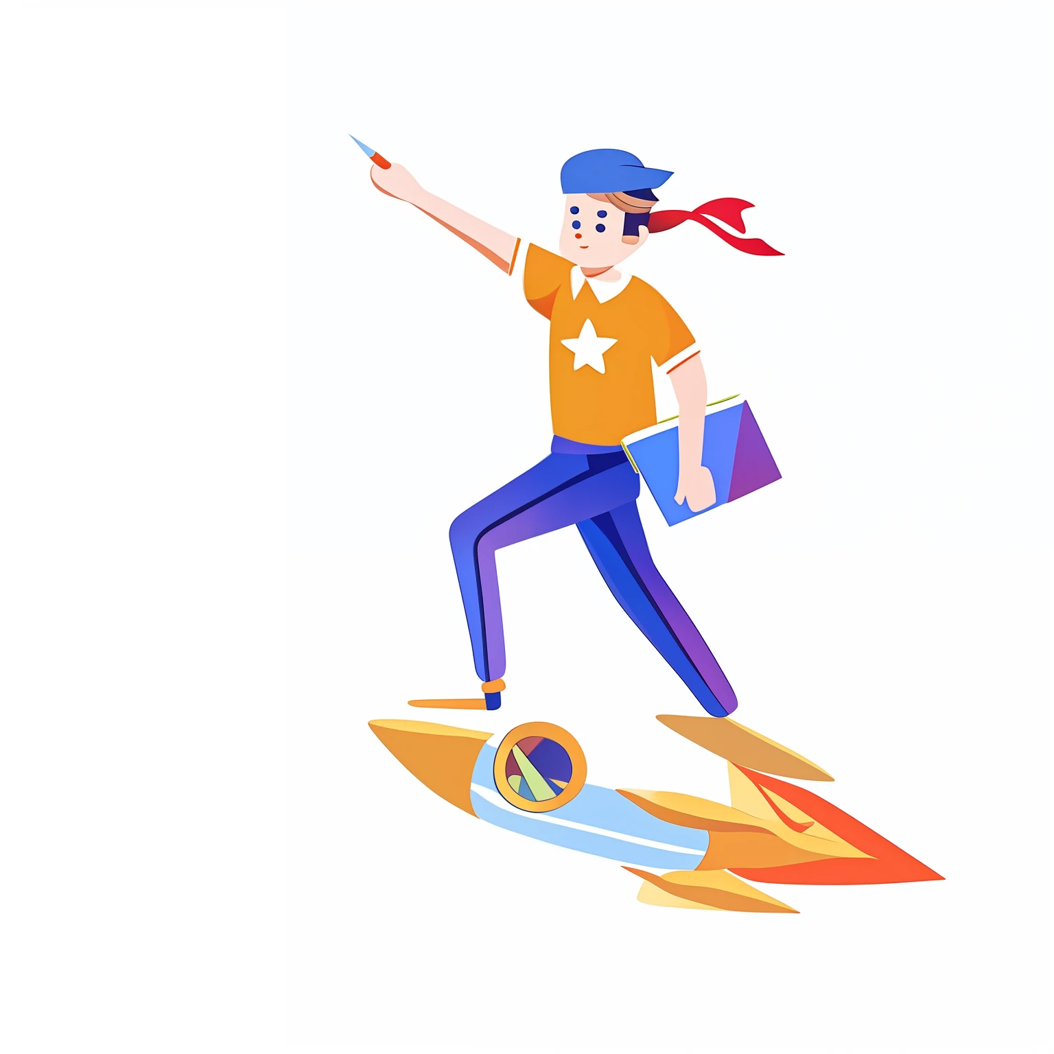 A cartoon illustration of a man riding a rocket with a book, exciting illustration, high quality illustration, 2D illustration, 2 d illustration, Cartoon style illustration, Flat illustration, Simple and clean illustration, Simple illustration, svg illustration, no gradien, Holding a rocket, 2. 5 d illus, concept illustartion, winning illustration, Colorful illustration