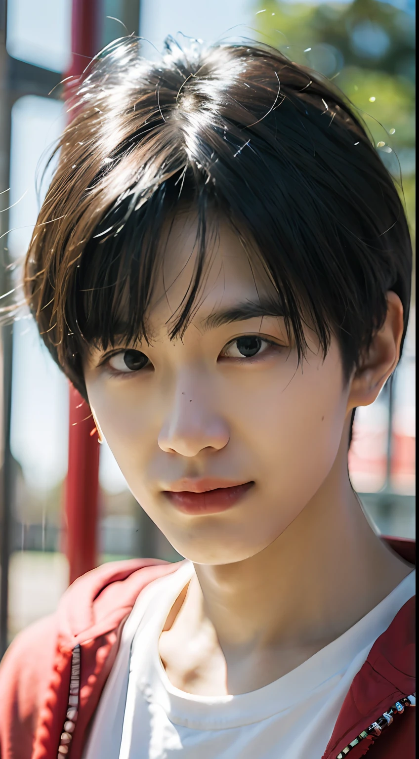 Best quality, masterpiece, super high resolution, (realistic: 1.4), original photo, wallpaper, head photo, skin, simple background, black eyes, detail, selfie, 1 boy, 18 years old, handsome, breeze, sunshine, playground