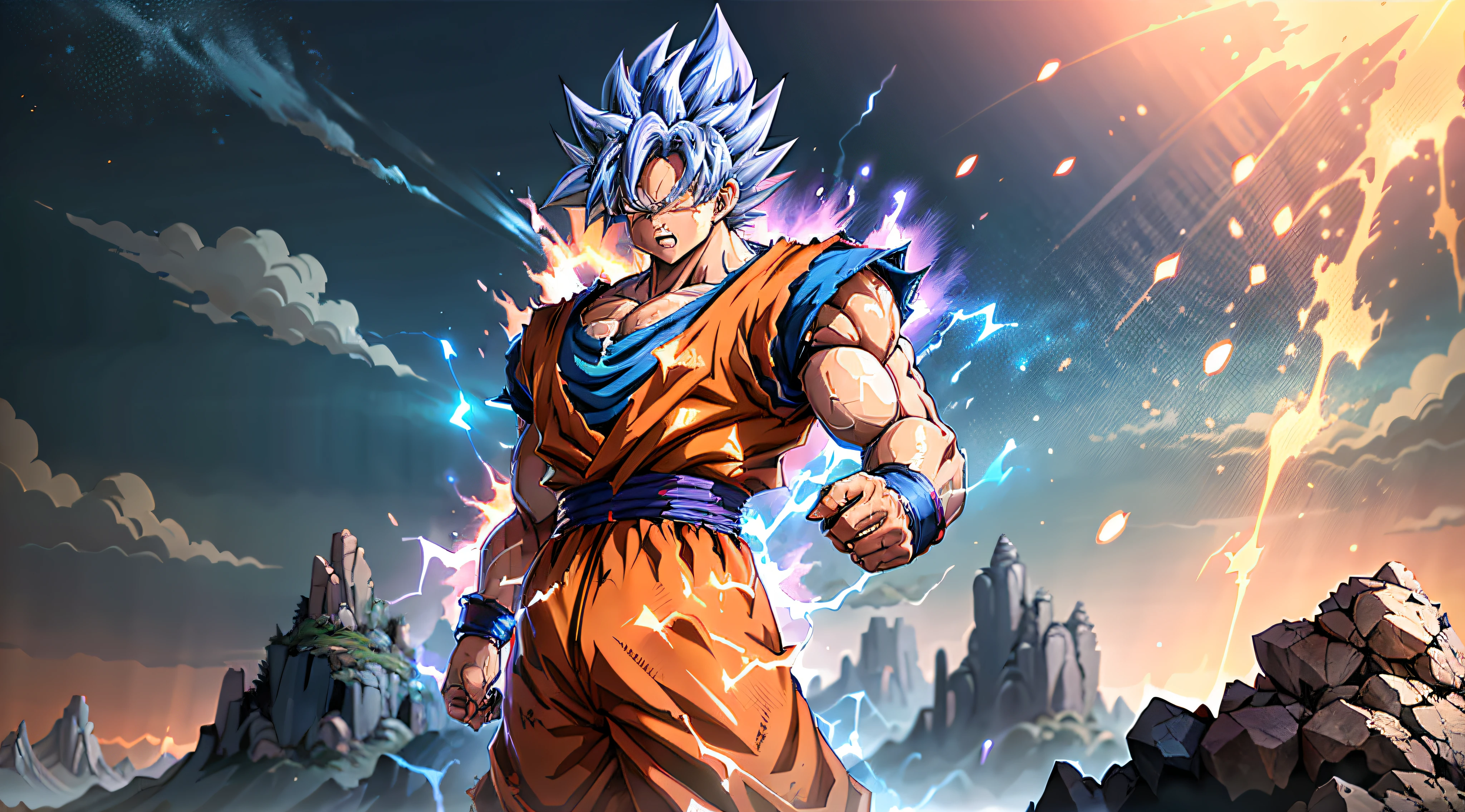 Super Saiyan Goku unleashes a massive energy wave while standing on top of a mountain, the surroundings are filled with lush greenery, and the sky is a mix of orange and purple hues. The energy wave is bright blue with electric sparks around it. (anime:1.2), (dramatic lighting:1.1), (vibrant colors:1.3), (cell-shaded:1.1), (dynamic composition:1.2)