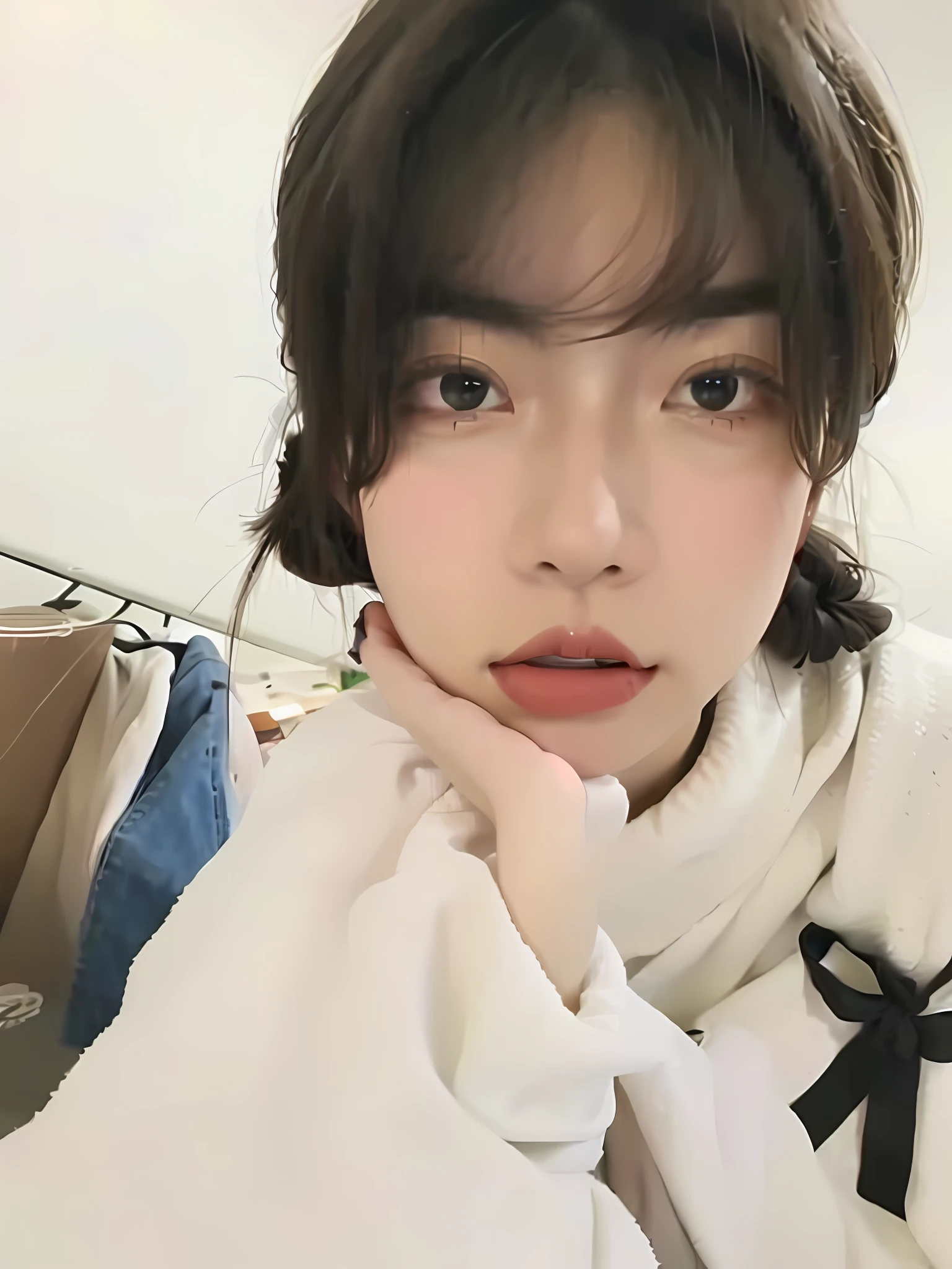 A woman in a white sweater and black bow tie poses for a photo, ulzzangs, wan adorable korean face, young lovely Korean faces, young cute wan asian face, 8k selfie photograph, pale round face, small heart - shaped face, girl cute-fine face, with round face, Korean girl, Small round face, soft round face, 🤤 girl portrait