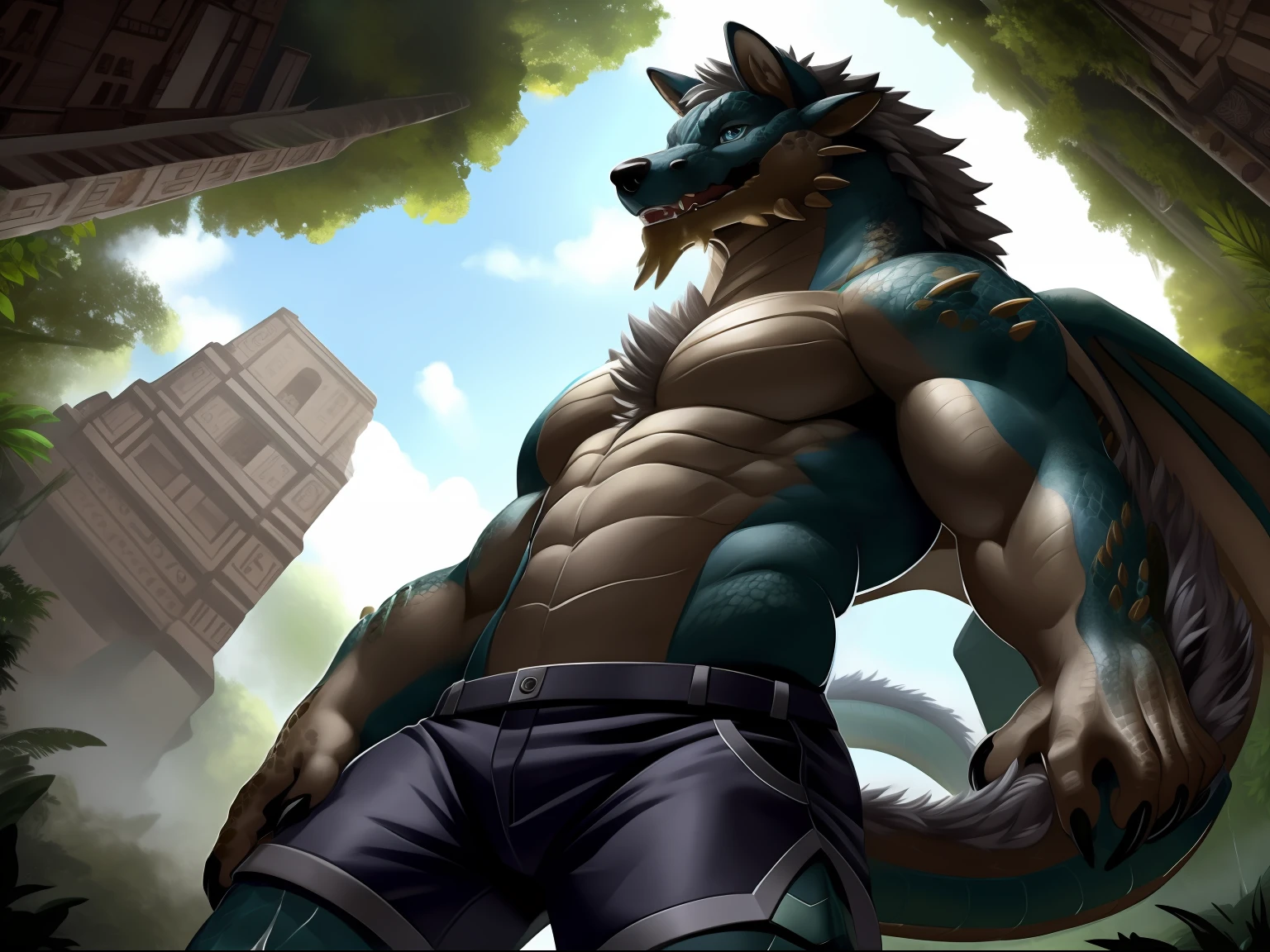 ,eyes with brightness, in a panoramic view, Character focus ,独奏, shaggy, Furry male wolf,scutes,tiny horns,lizard tail,A pair of dragon wings, Grey fur for men,Green stripes, blue color eyes, Gray hair(The long),Bare body,Gray shorts lie in Mayan ruins,rainforests,dimly lit,nigth,Young style,height of one meter seven,Handsome, has a tail,Bust,drools,bodily fluids,Be licked,The underparts are moist, three-quarter portrait, wide angles, dynamic angle