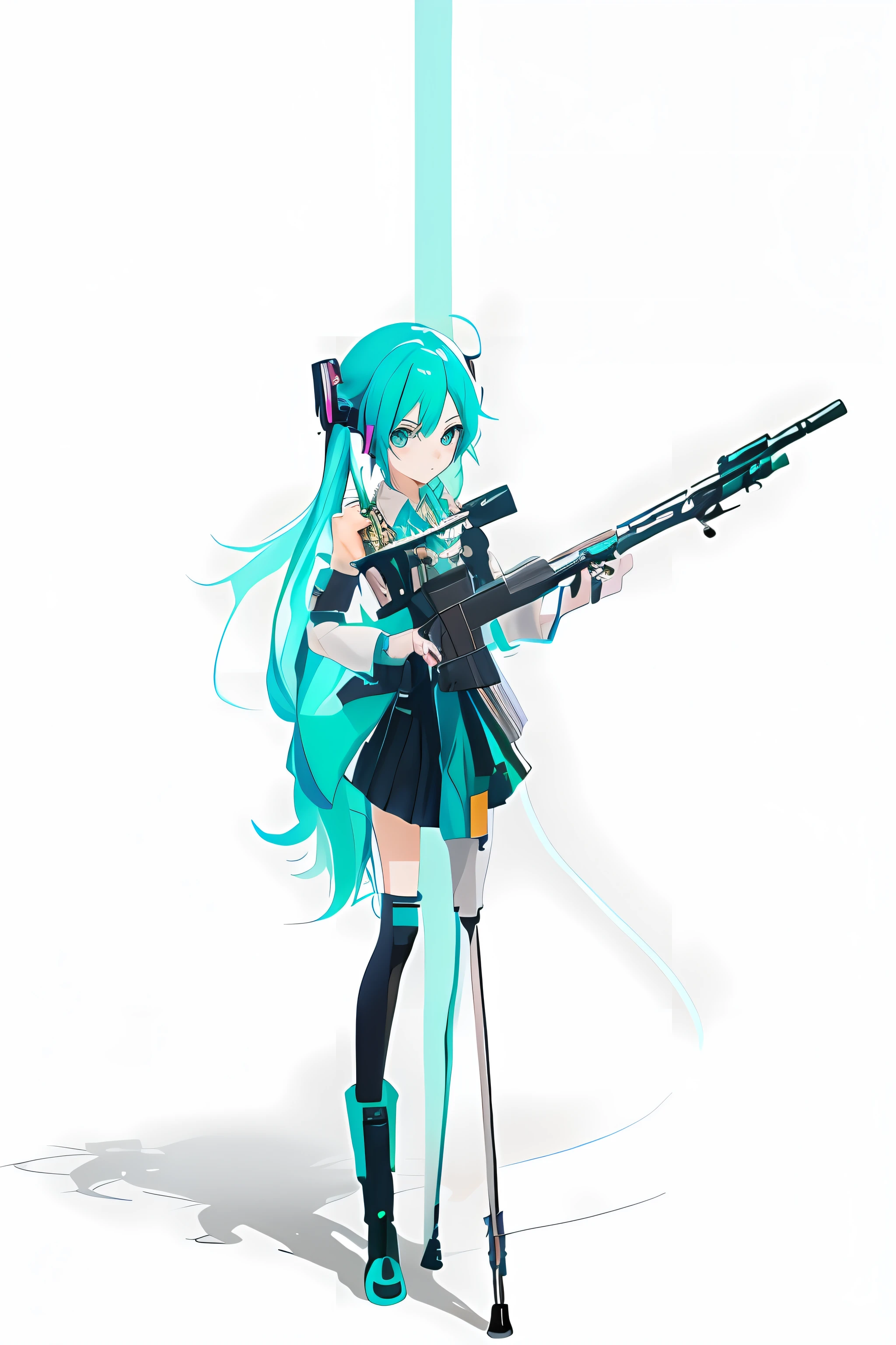 Anime girl with gun,The left leg is a prosthesis,anime girl with long blue hair and a white shirt and black skirt, Hatsune Miku, Portrait of Hatsune Miku, Hatsune Miku short hair, vocaloid, hatsune miku portrait, Os amigos, mikudayo, Anime girl with teal hair, Hatsune Miku cosplay, hatsune miku face, style of anime4 K, An anime girl, attractive anime girls,boot,Robe,shorter pants