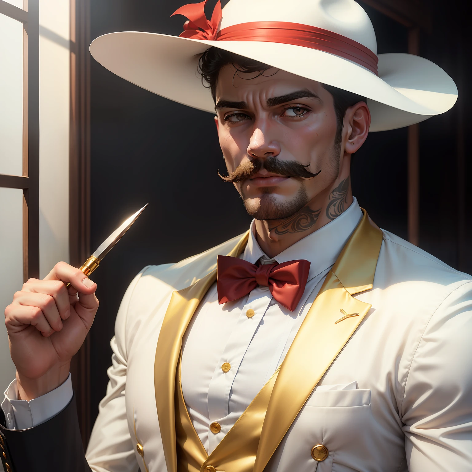 Homem Moreno tipo Cigano com bigode fino , costeleta grossa cabelos longos lisos amarrados , vestindo terno Branco , camisa vermelha, Black tie with a deck in hand White Panama hat with red ribbon on the head and a golden razor on the left hand