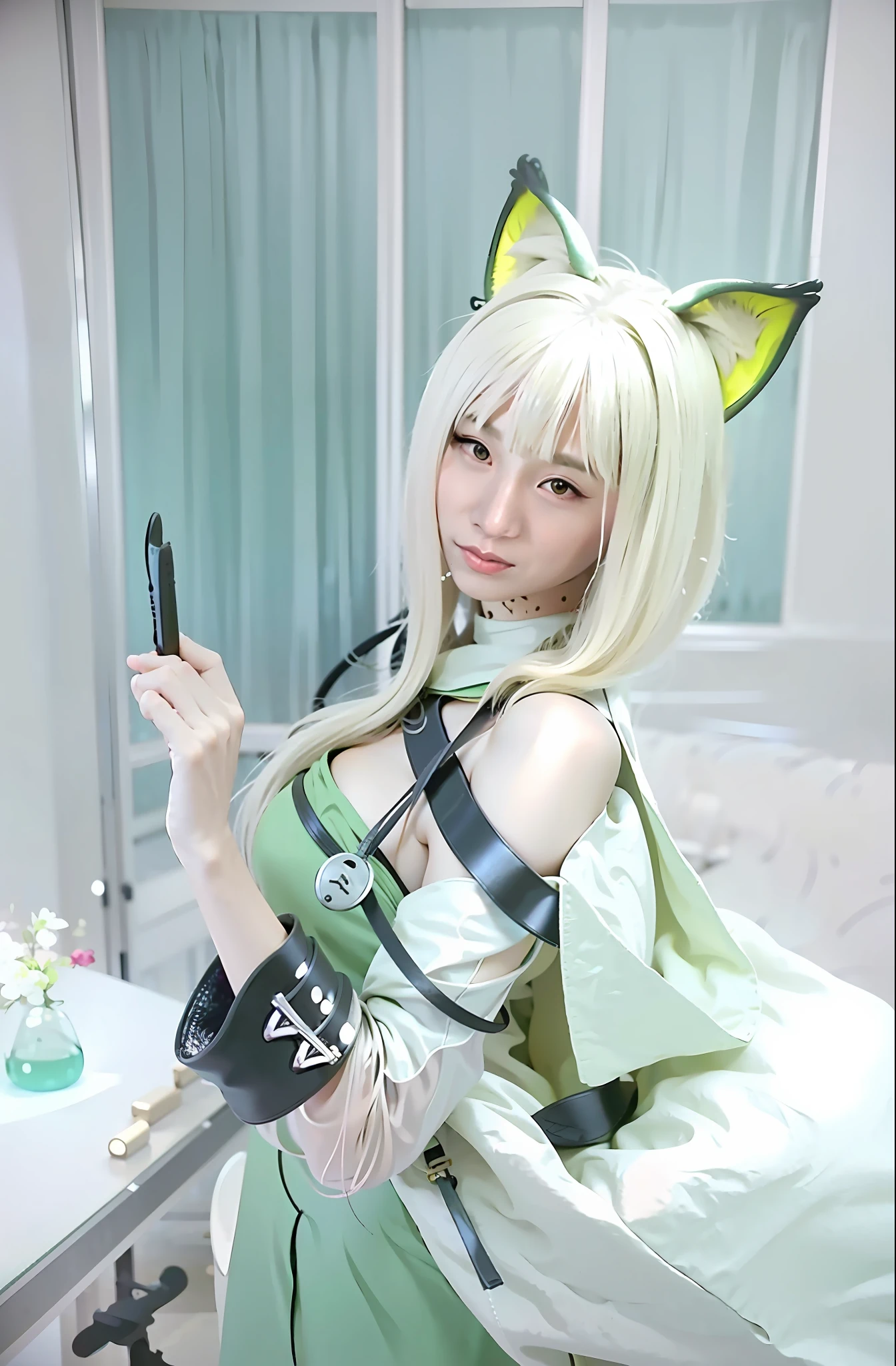There was a woman in a green dress holding it, Anime girl cosplay, Anime cosplay, Attractive cat girl, White Cat Girl, Very beautiful anime cat girl, beautiful anime catgirl, anime catgirl, Physician, very beautiful cute catgirl, neko, cosplay, anime girl with cat ears, otto