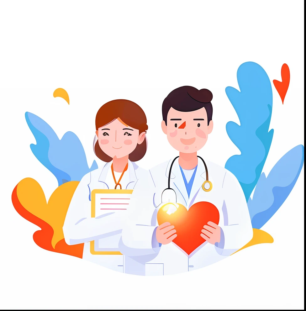 Several doctors hold hearts and clipboards, (doctor), the doctor, doctor, health supporter, heart operation, 2 d, 2D, Fanart, medical image, Healthcare, avatar for website, nursing, Accurate depiction, heart effects, medical, with a stethoscope, illustratio, 🪔 🎨;🌞🌄, medical background