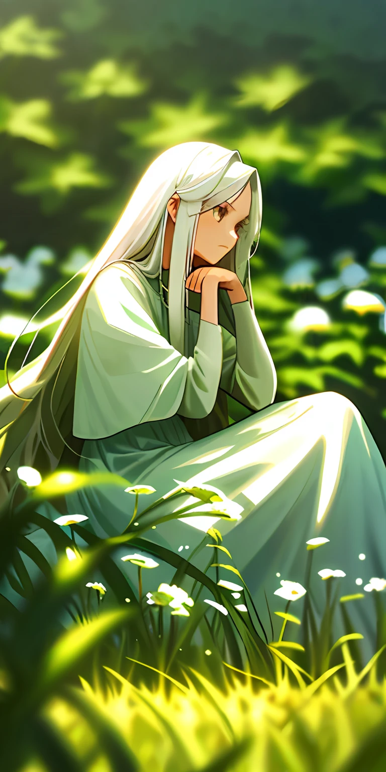 (masterpiece, best quality),1girl with long white hair sitting in a field of green plants and flowers, her hand under her chin, warm lighting, white dress, blurry foreground