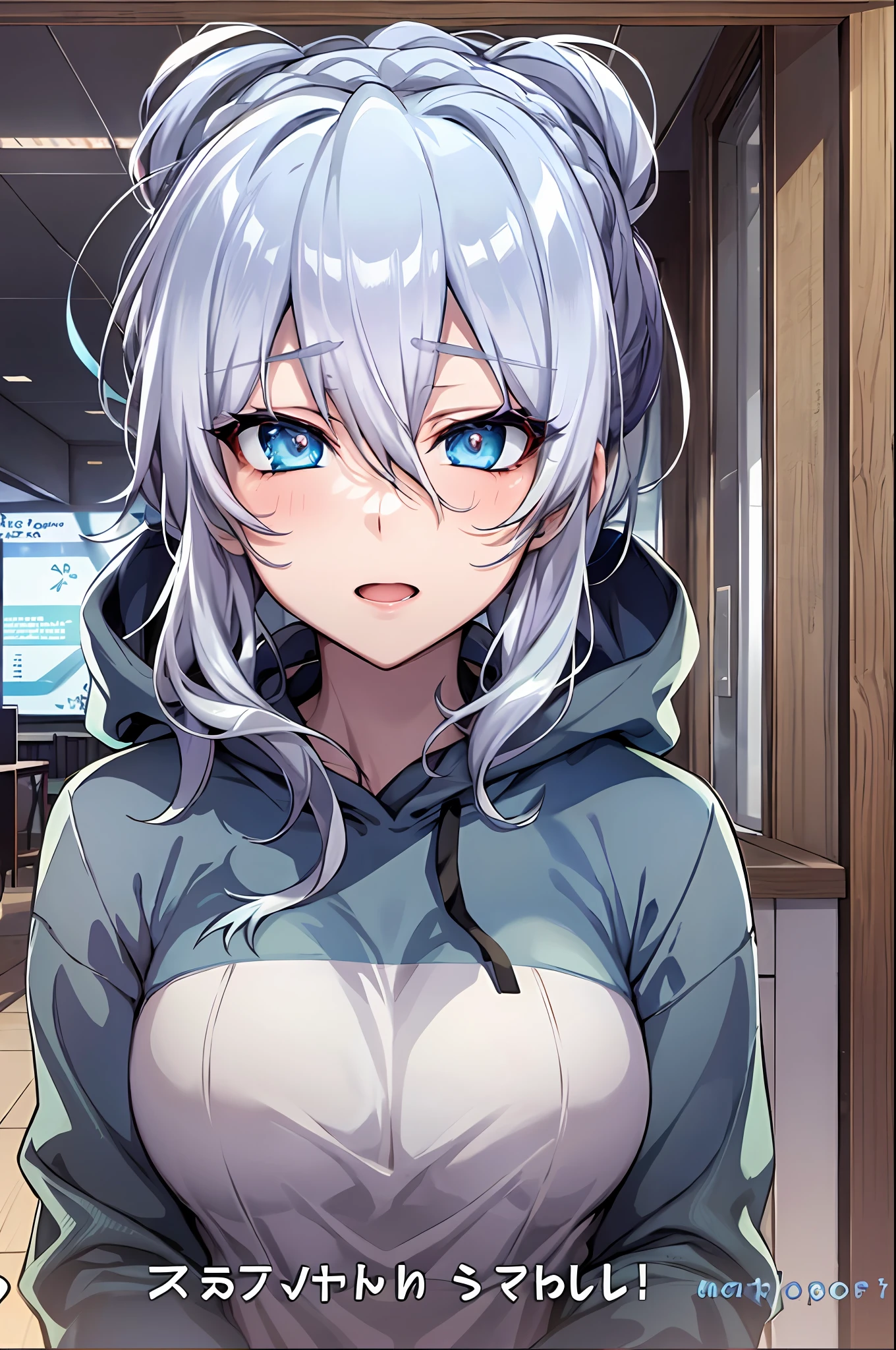 Yukino, Silver hair and  eyes in a black hoodie, anime visual of a cute girl, screenshot from the anime film, & her expression is solemn, ahegao face, in the anime film, in an anime, anime visual of a young woman, she has a cute expressive face, still from anime, perfect breast