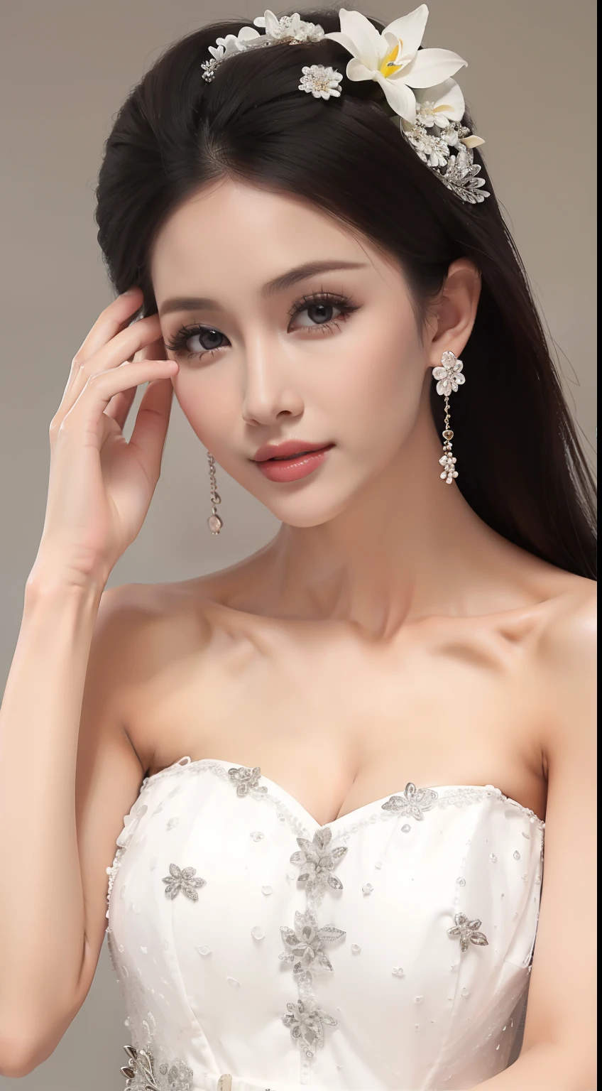 Fashion model 20 years old [[[[closeup cleavage]]]], [[[[boobgasm]]]], [[[[coll]]]], [[[[bshoulders]]]], perfect  eyes, Perfect iris，Perfect lips，perfect teeth，Perfect skin，with fair skin，Long face，slender nose，Soft front light，hdr，Movie girl，no headwear，long whitr hair，Long hair with a shawl，Casual，The background is outdoors，Flowers and greenery，（pastel colour：1.2）