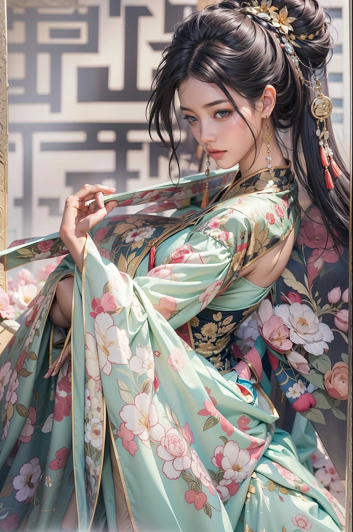 Black dark background、spot light、top-quality、​masterpiece、8K、Japan  Woman、1人の女性、Korean Idol、A dark-haired、Hair UP、Detailed hair strands、Ancient Chinese style hair ornament、big eye、lofty nose、beautiful countenance、large full breasts、perfectly proportions、big butts、muscular thigh、Beautiful skins、real looking skin、Transparent cloth、ancient Chinese costume、Floral pattern