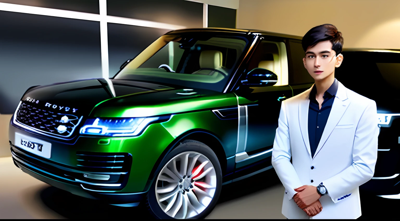 A young doctor wearing a Rolex watch stands next to a Range Rover