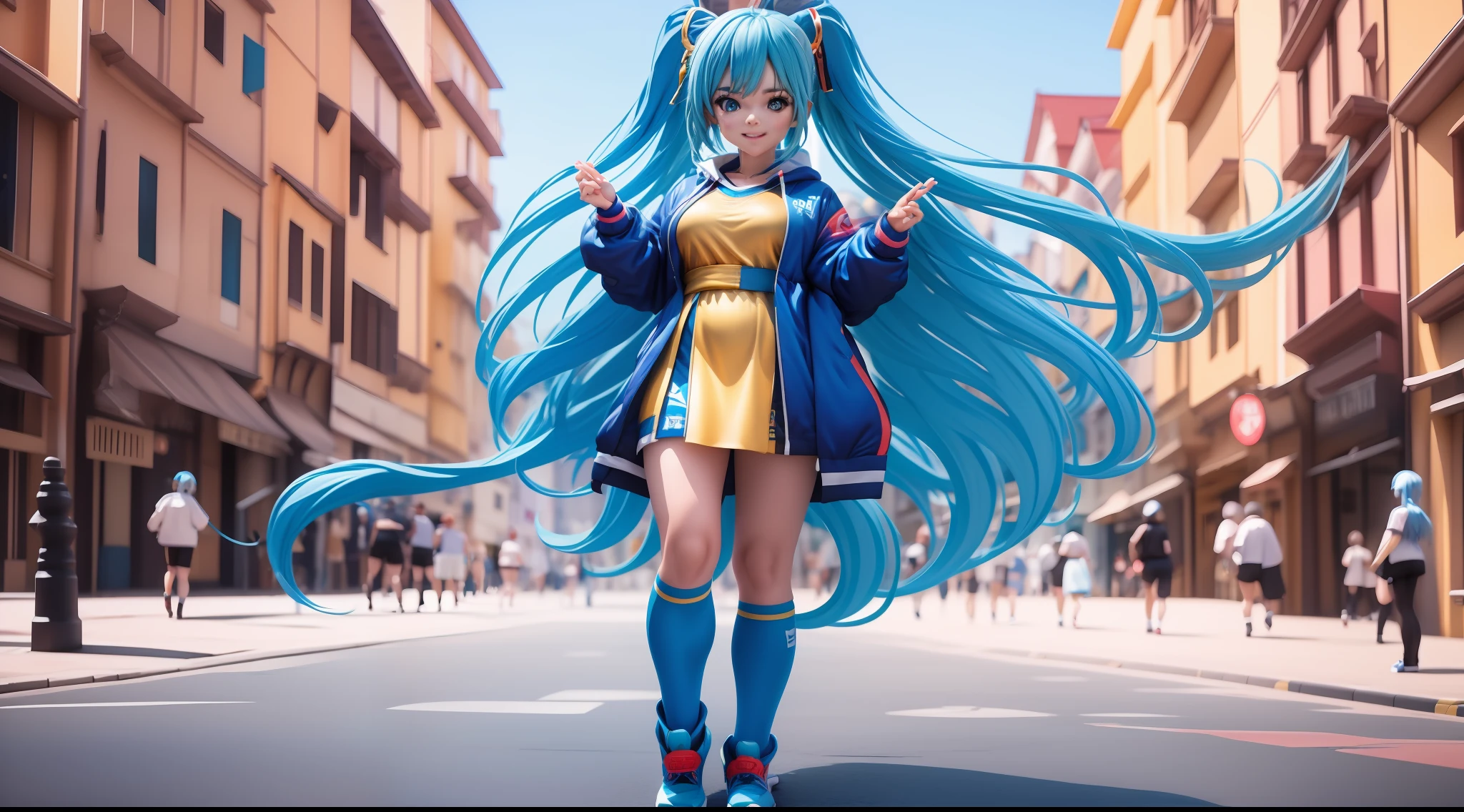 Blue-haired beauty，A half body，Wear sportswear，grin，Realistic anime 3 D style, 3 d anime realistic, photorealistic anime girl rendering, render of a cute 3d anime girl, 3 D rendering character art 8 K, anime styled 3d, 3d anime girl, hyper realistic anime, 8K portrait rendering, Anime style. 8K