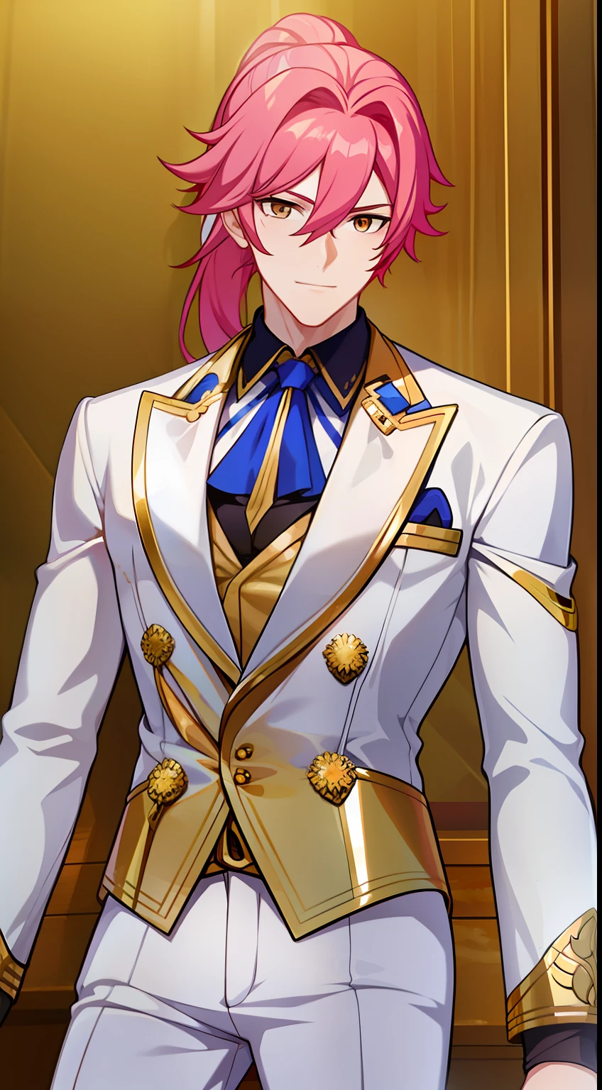 Grown-up guy, pink hair, high ponytail, golden eyes, white suit with gold elements, Masterpiece, hiquality