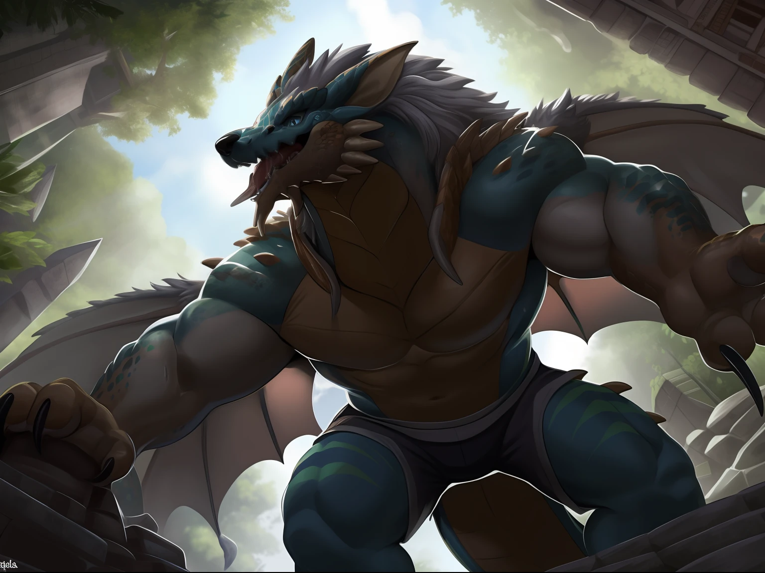 ,eyes with brightness, in a panoramic view, Character focus ，独奏, shaggy, Furry male wolf，lizard tail，A pair of dragon wings， Grey fur for men，Green stripes, blue color eyes, Gray hair(The long），Bare body，Gray shorts lie in Mayan ruins，rainforests，dimly lit，nigth，Young style，height of one meter seven，Handsome，sharp talons，greet，Reveal cute beast claws，Bust，drools，bodily fluids，Be licked，The underparts are moist， three-quarter portrait, wide angles, dynamic angle