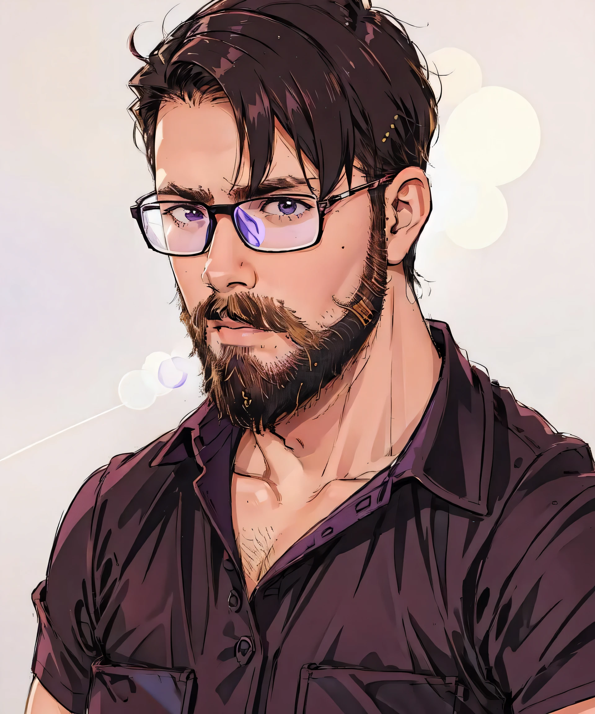 (lineart:1.31), 1boy, black-framed eyewear, dark blonde hair, BREAK purple collared shirt, facial hair, glasses, male focus, mole, realistic, red shirt, round eyewear, shirt, solo