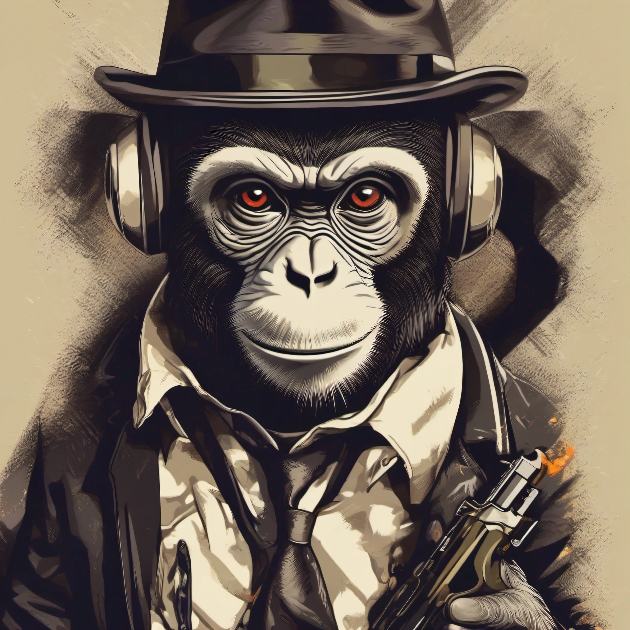 vector art of monkey dressed in gangster style with a gun, 50s style clothes, hat, Popular image, retro realistic cartoon style, t-shirt print style image