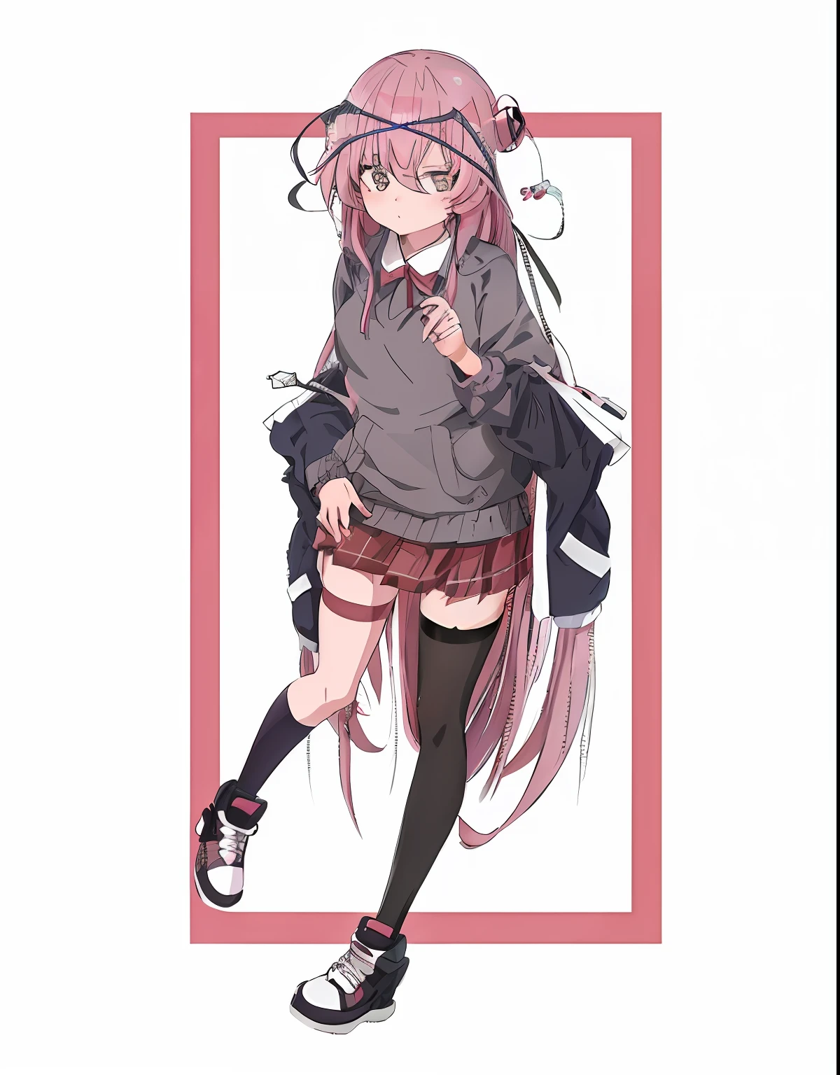 Anime girl with long pink hair and gray sweater and black shoes, nyaruko-san, anime moe art style, lollipop, anime full body illustration, Kantai collection style, !!Full body portrait!!, Beautiful Anime High School Girls, female student, anime visual of a cute girl, (Anime girl)